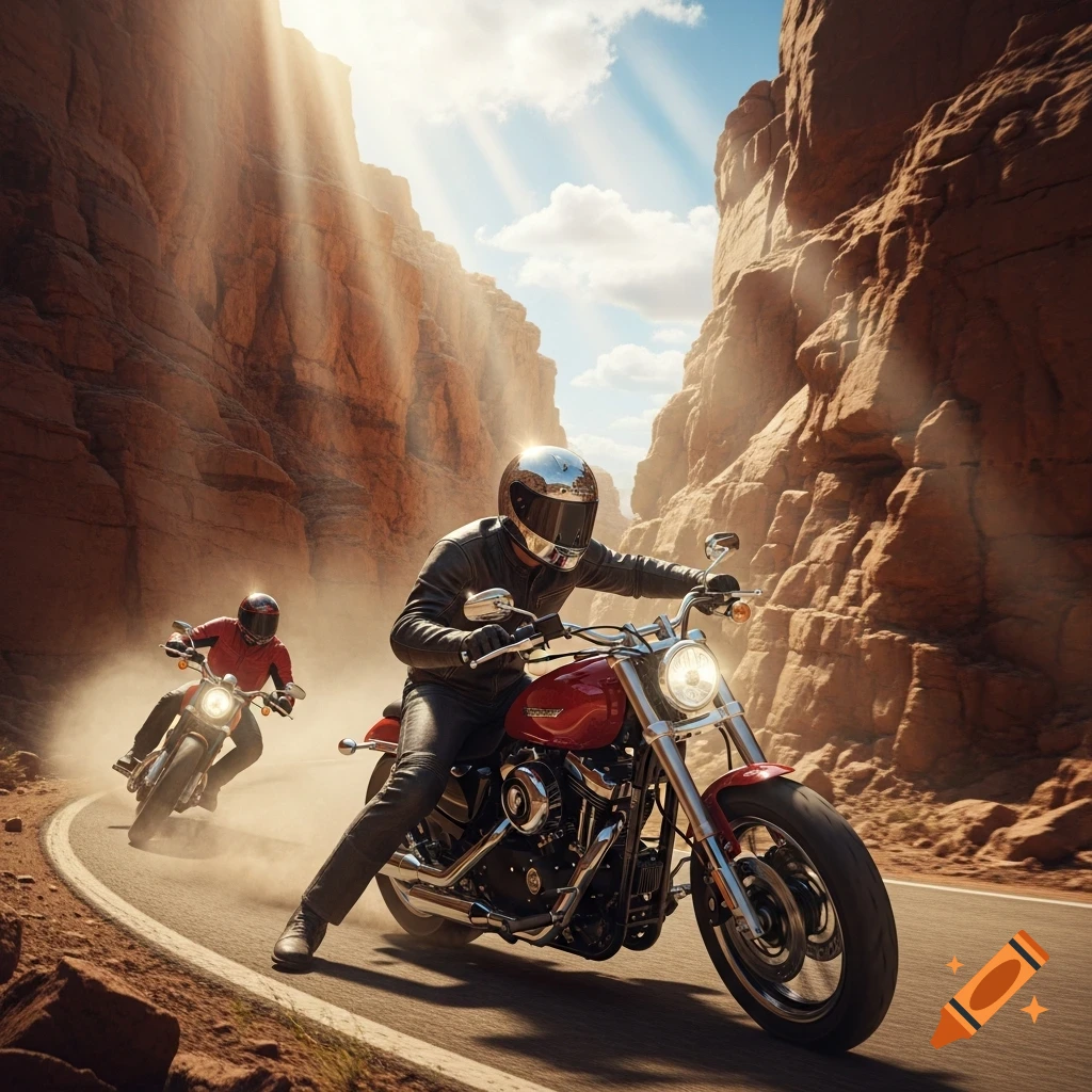 Two photorealistic bikers ride motorcycles through a dusty, sunlit canyon road.