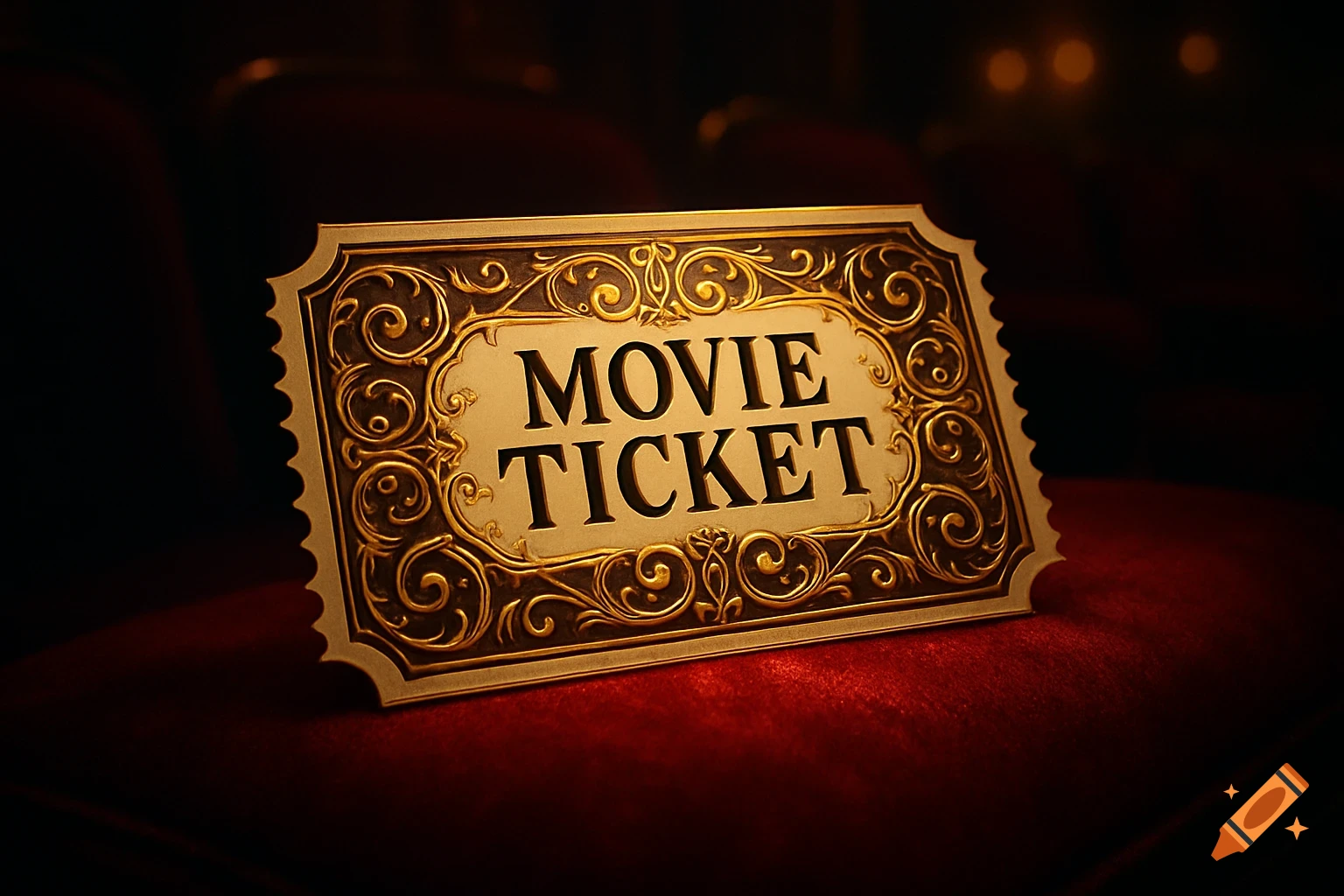 A golden, ornate "MOVIE TICKET" lies on a red velvet cinema seat, with a dark, blurred background.