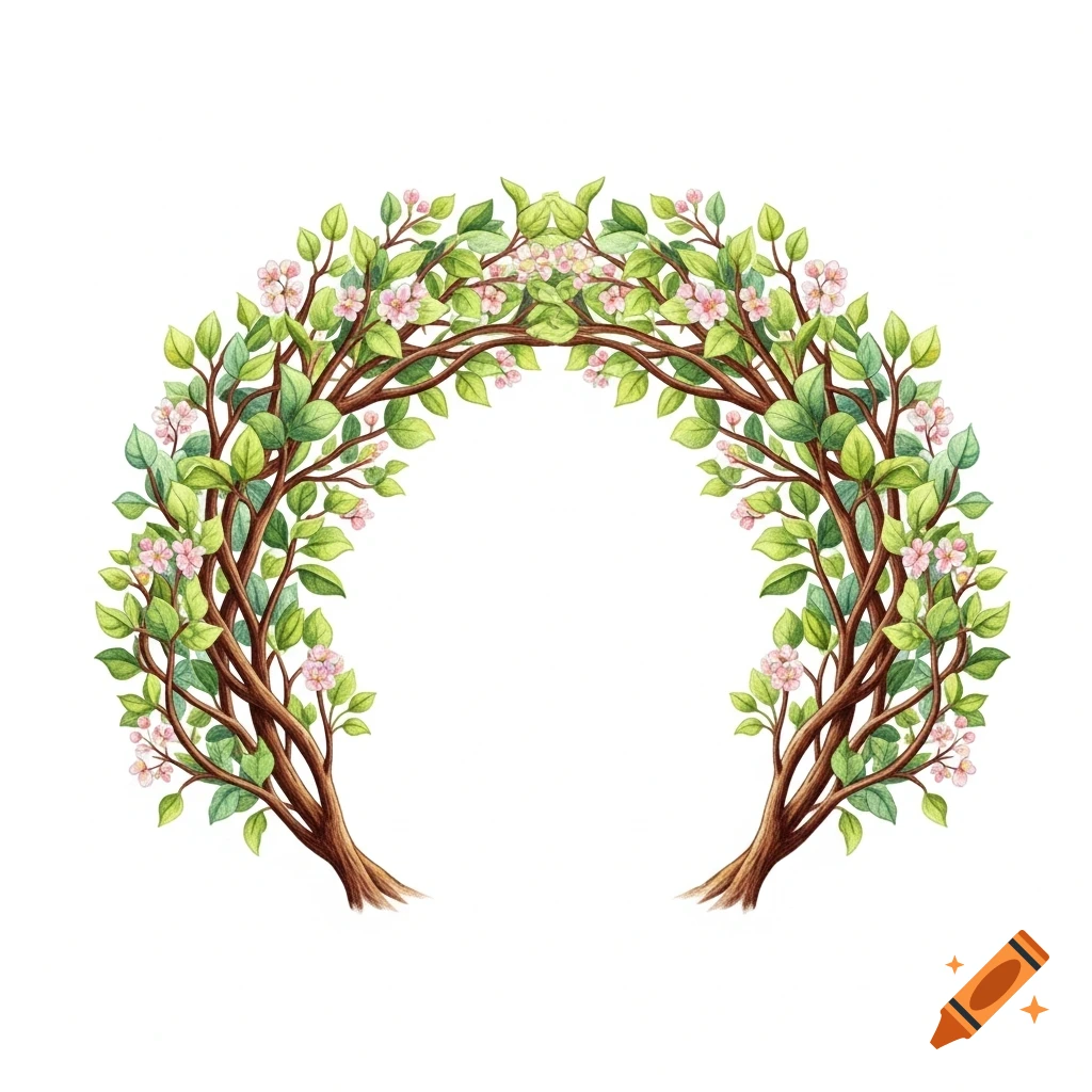 Watercolor illustration of a semicircle floral arch made of green leafy branches and small pink flowers on white.