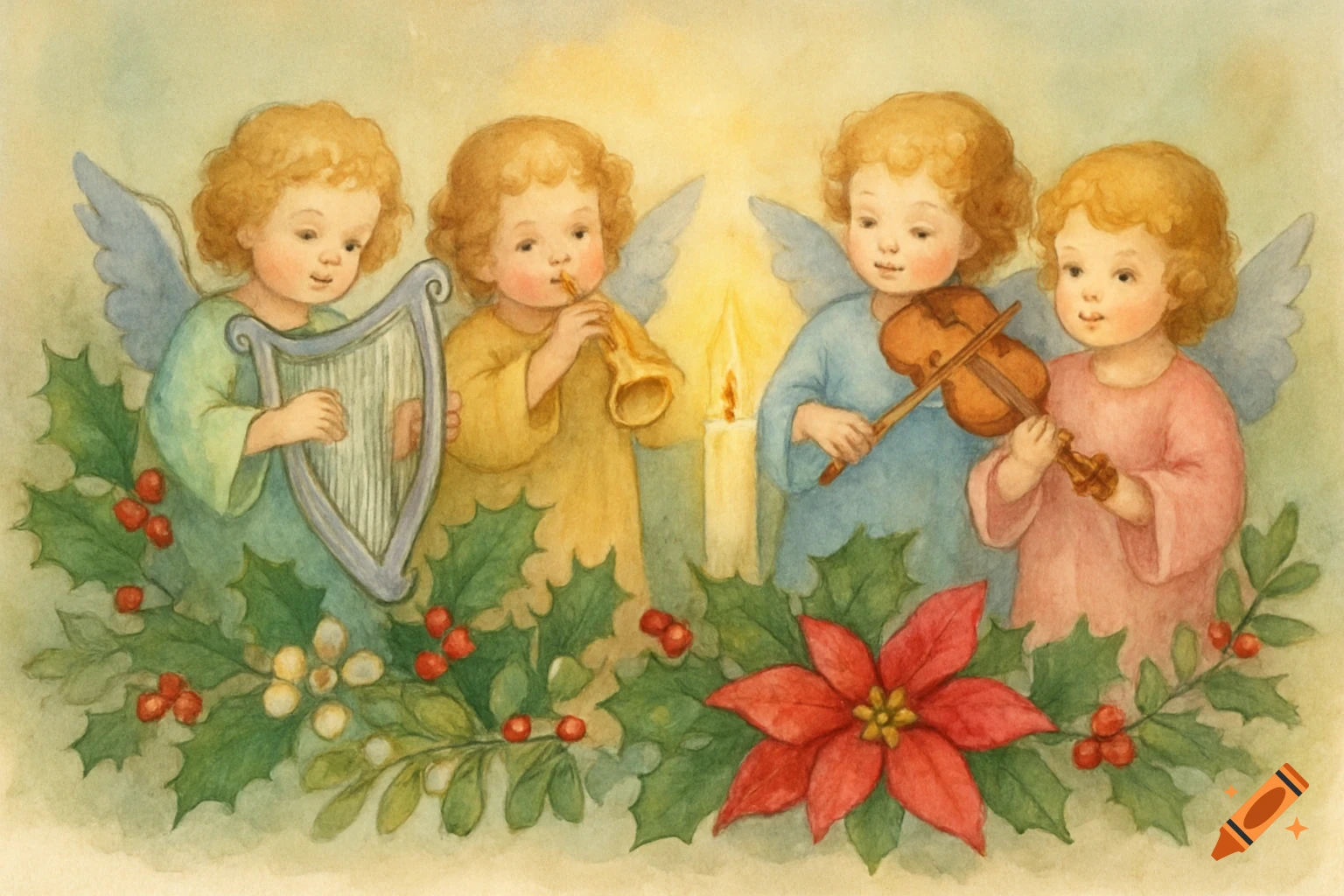 Watercolor painting of four blonde angels playing a harp, trumpet, and violins amidst holly, berries, and a poinsettia.