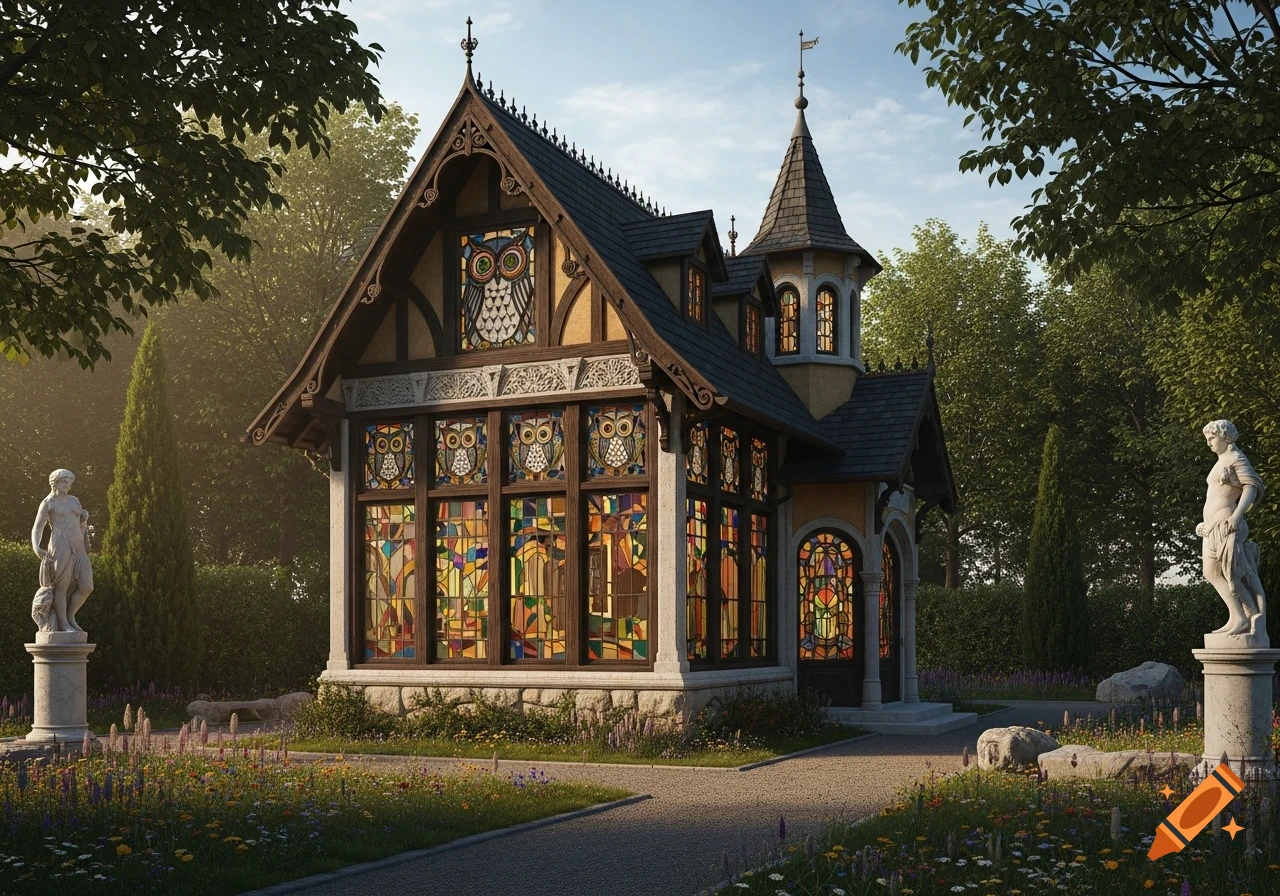 Picturesque ornate house with stained glass owl windows and a turret, set in a lush garden with classical statues and a path.