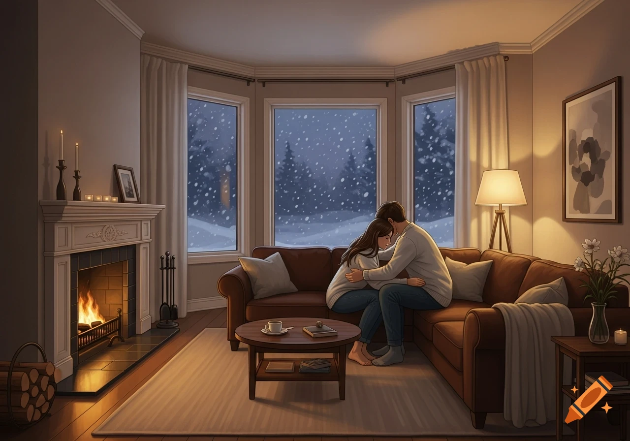 A couple embraces on a couch in a cozy living room with a fireplace, looking out at a snowy winter landscape.