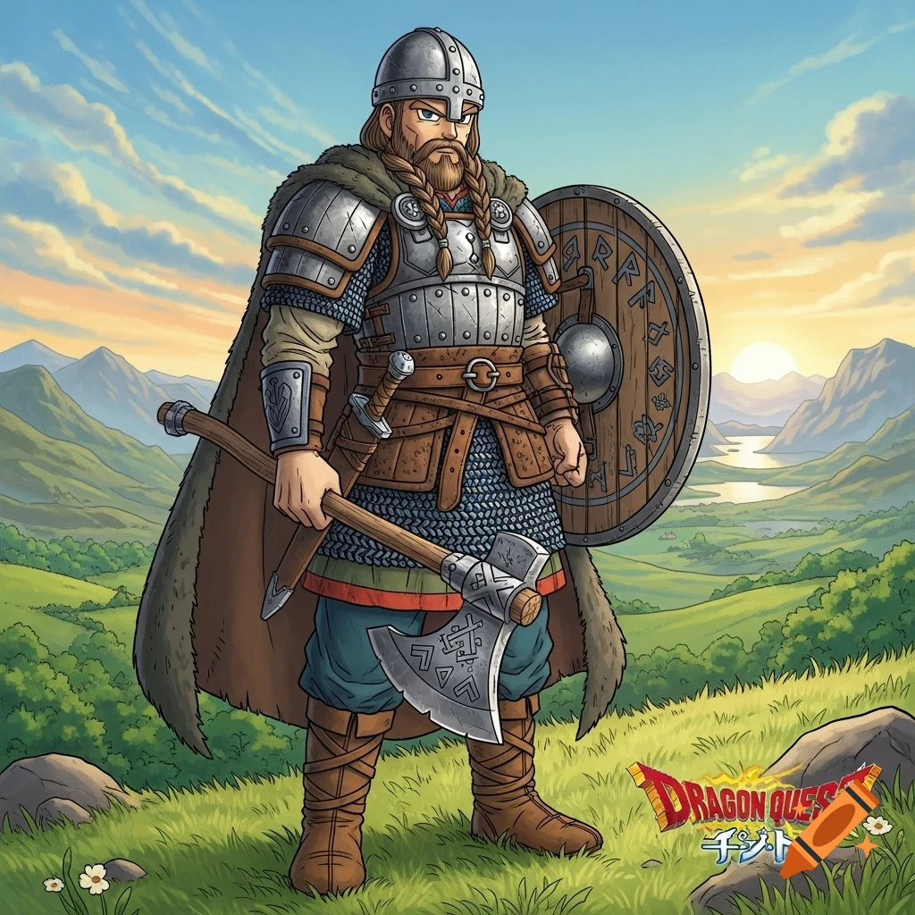Viking warrior in Dragon Quest art style, wearing armor and holding an axe and shield on a grassy hill with mountains and sunset.