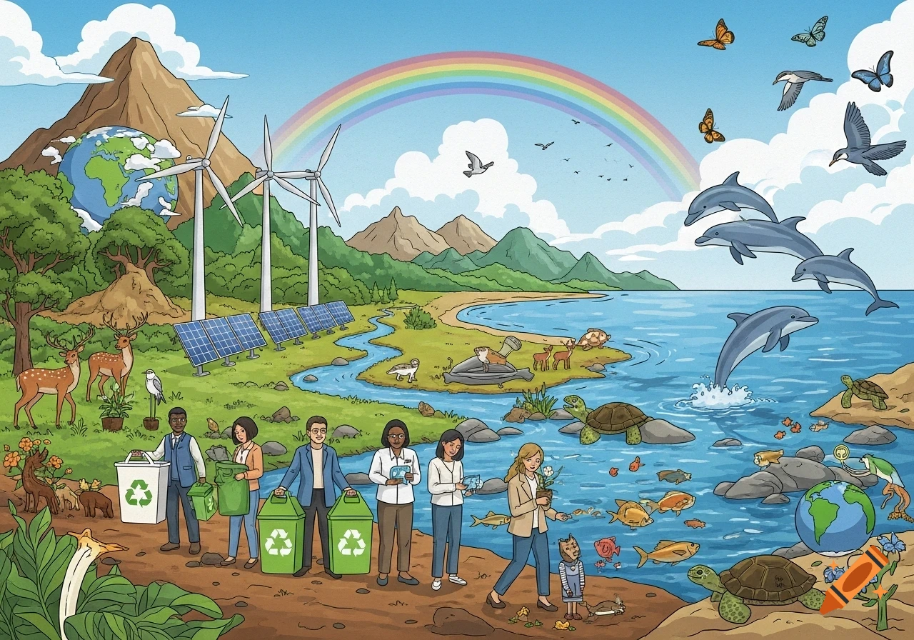 Cartoon scene of environmental protection with people recycling, renewable energy, a rainbow, and diverse wildlife.