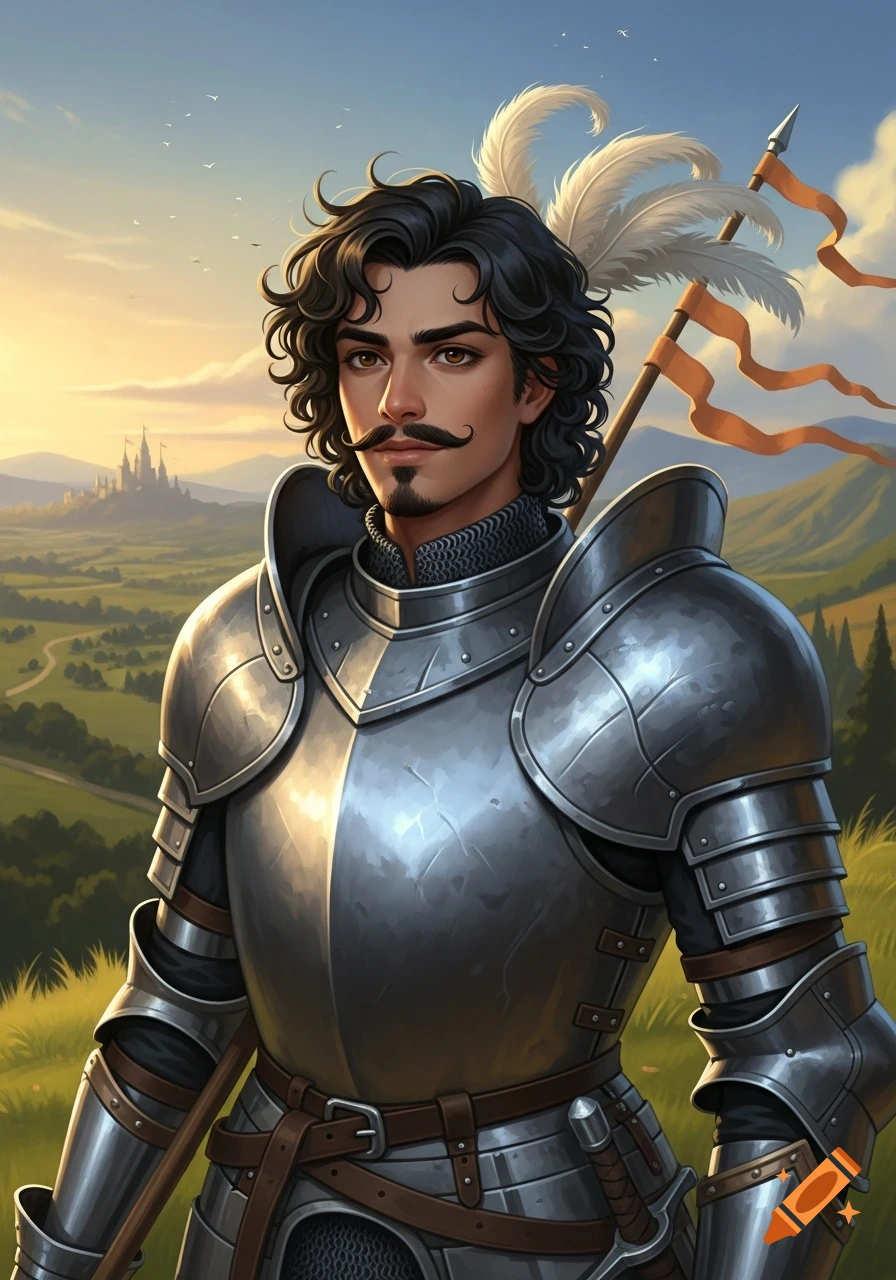 A young knight with curly black hair, a mustache, and goatee, wearing shining plate armor, stands in a grassy landscape with a distant castle and sunset sky.