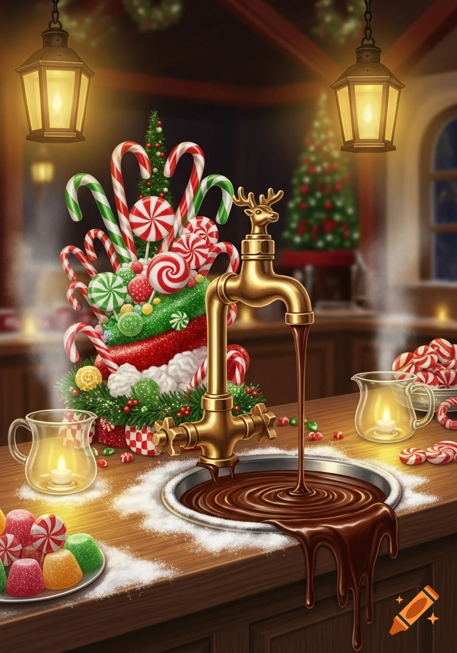 A golden deer-head faucet pours chocolate into a basin, surrounded by a mountain of festive Christmas candies, lollipops, and gumdrops in a cozy, decorated workshop.