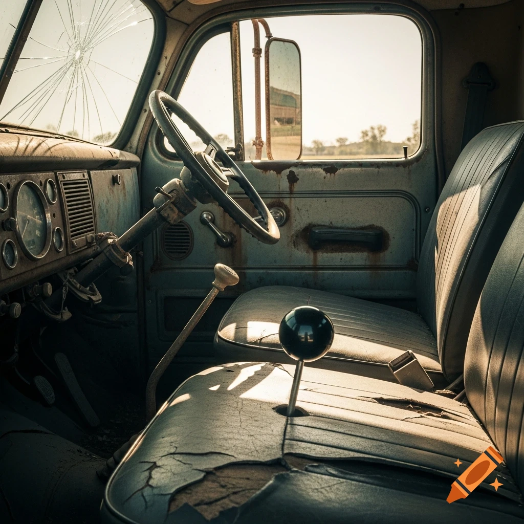 Photorealistic interior of an old, abandoned truck with a cracked windshield, rusty dashboard, torn seats, and a black billiard ball gear shift.