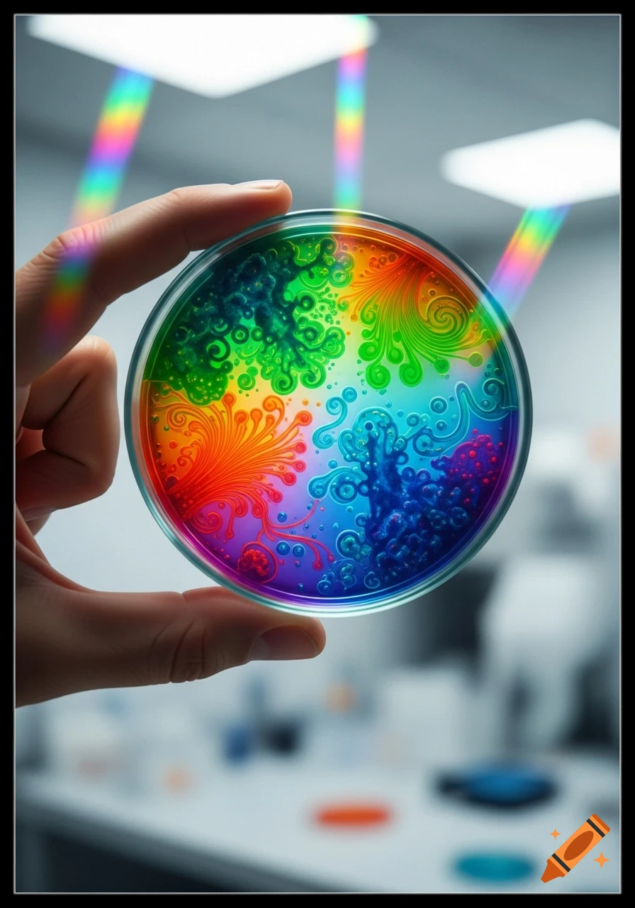 A hand holds a petri dish filled with vibrant, swirling rainbow colors, in a laboratory setting.