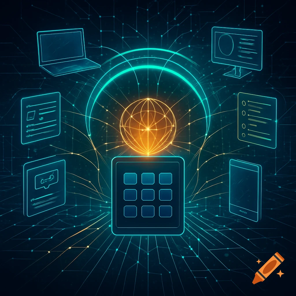 A glowing blue and orange digital network diagram showing interconnected devices, a central globe, and data flow on a dark background.