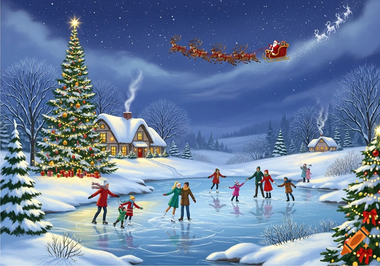 Festive winter landscape with people ice skating on a pond, a decorated Christmas tree, cozy houses, and Santa's sleigh flying in the starry night.
