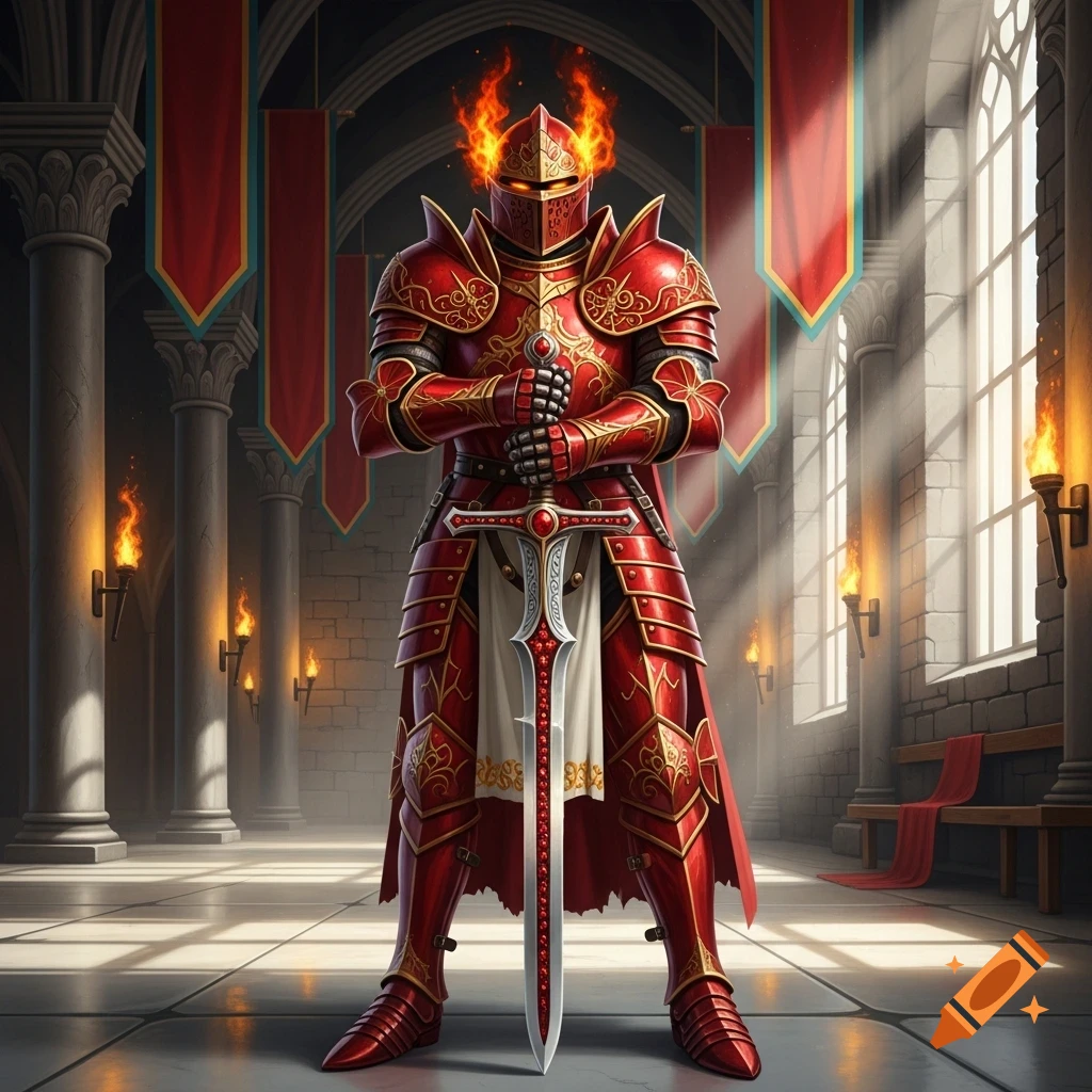 A knight in ornate red and gold armor with flames on its helmet stands holding a sword in a grand castle hall.