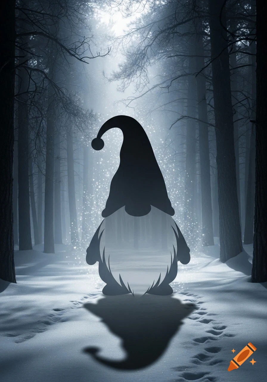 A shadowy gnome silhouette stands in a magical, snowy winter forest with sparkling light.