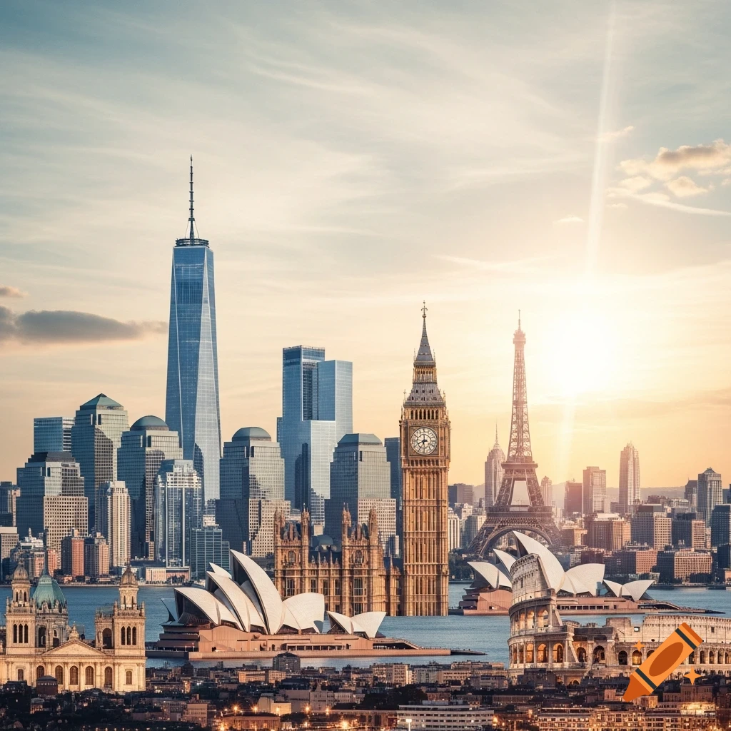 Photorealistic composite cityscape with One World Trade Center, Big Ben, Eiffel Tower, Sydney Opera House, and Colosseum under a bright sky.