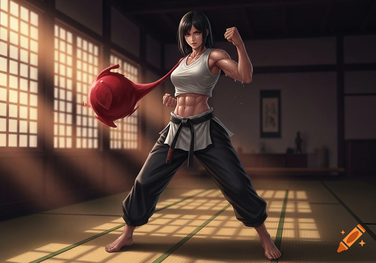 A muscular female martial artist with a white crop top and black gi pants, flexing in a dojo with a red energy effect.