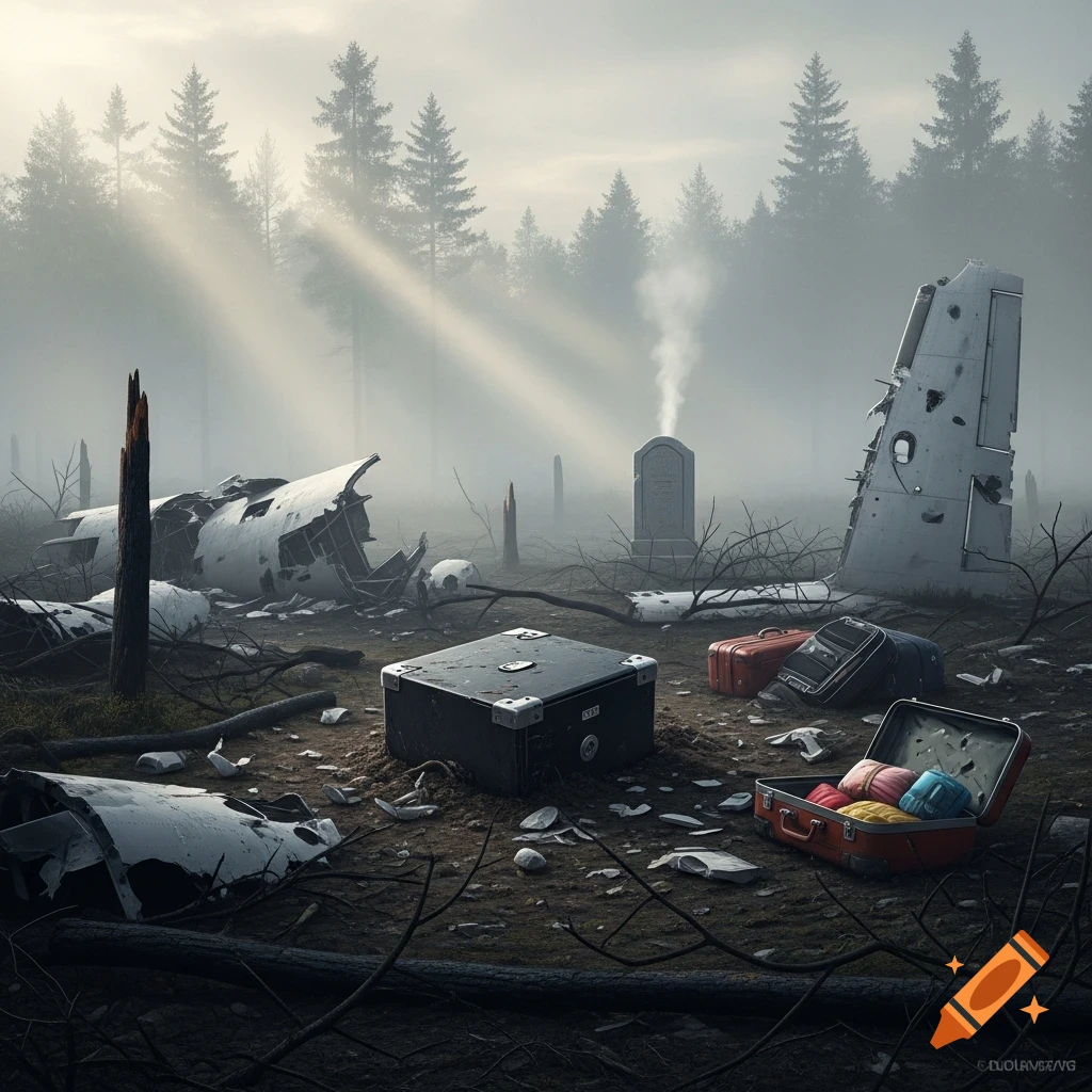 A foggy forest scene with scattered plane wreckage, luggage, and a lone gravestone, suggesting a disaster site.