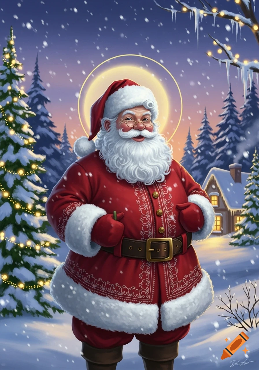 Smiling Santa Claus standing in a snowy winter wonderland with a Christmas tree, glowing house, and a golden halo at dusk.