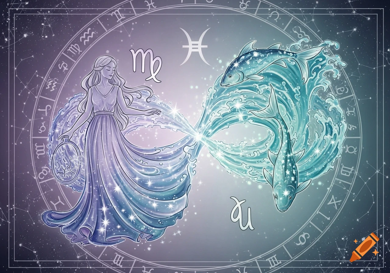 A stylized illustration of Virgo and Pisces zodiac symbols, with a woman and two fish connected by swirling, star-filled water, set against a celestial map.