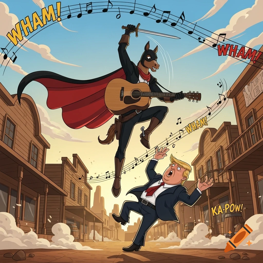 Cartoon El Kabong, a horse-headed superhero, swings a guitar and sword at Donald Trump in a Wild West street, with comic sound effects WHAM! and KA-POW!