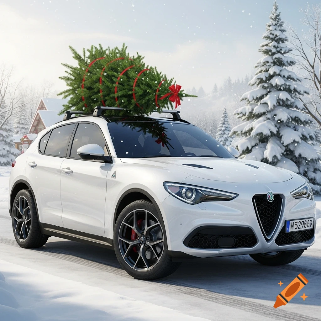 A white Alfa Romeo Stelvio SUV with black wheels drives on a snowy road, carrying a Christmas tree on its roof rack.