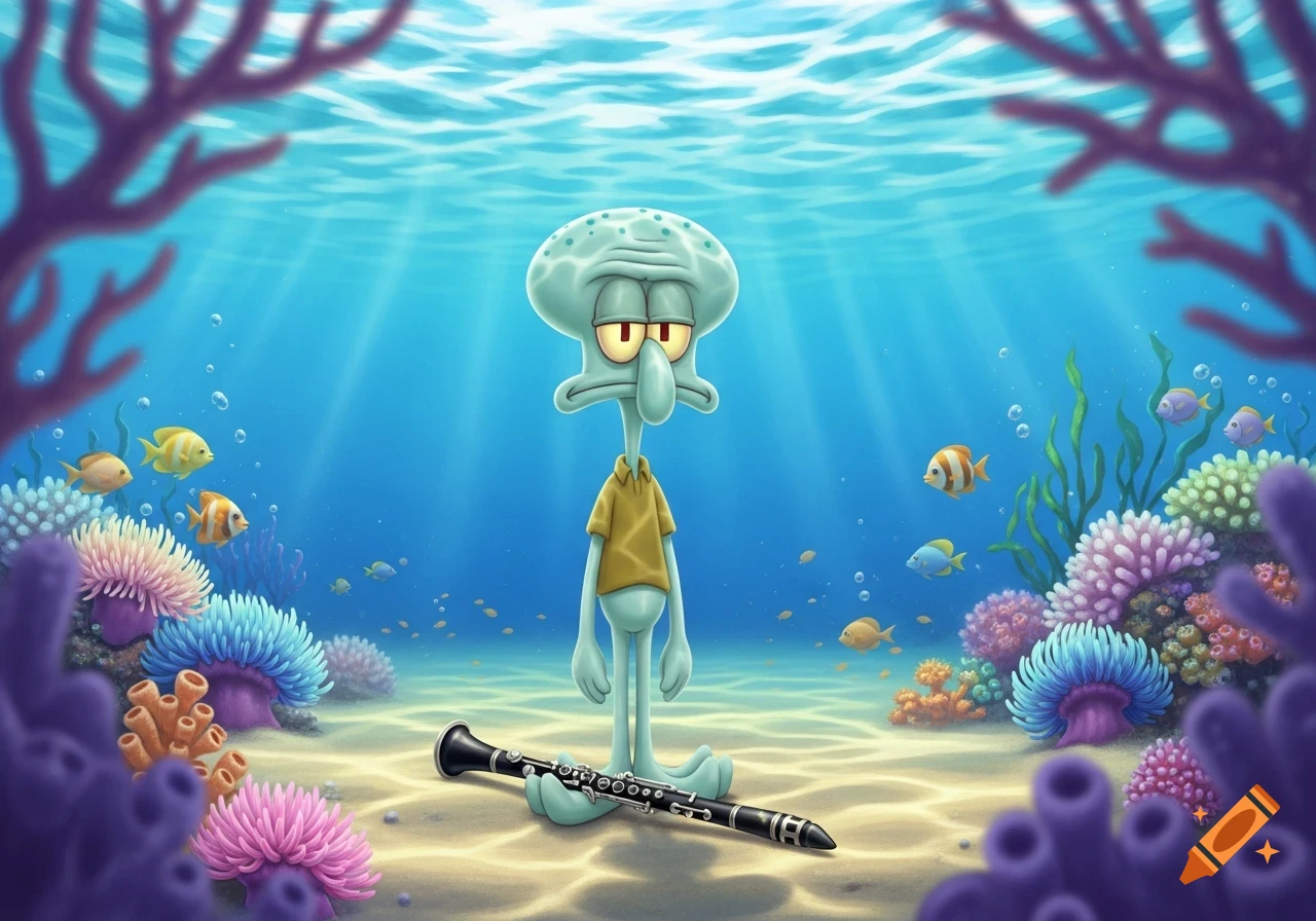 Annoyed Squidward stands underwater with his clarinet on the sandy seabed amidst colorful coral and fish, sunlight streaming from above.