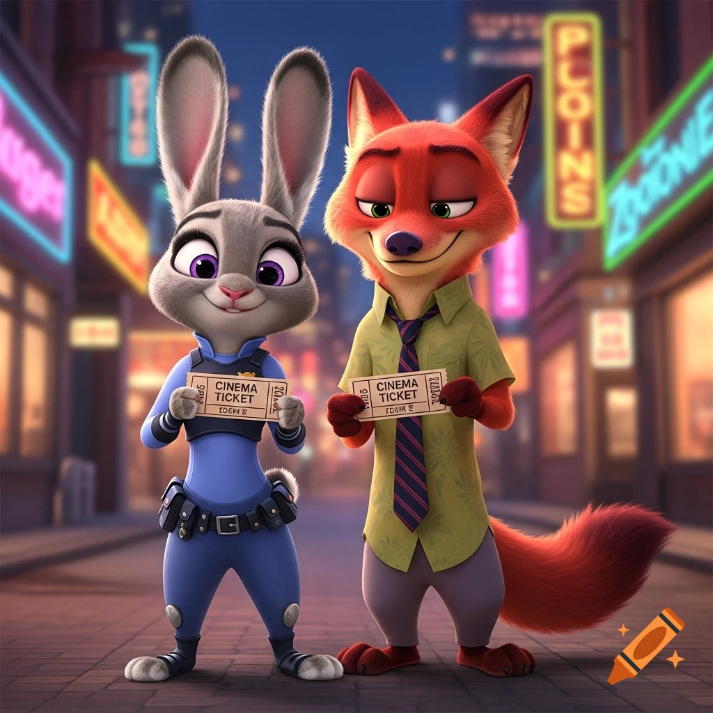 Judy Hopps and Nick Wilde, cartoon anthropomorphic animals, stand holding cinema tickets on a city street at night.