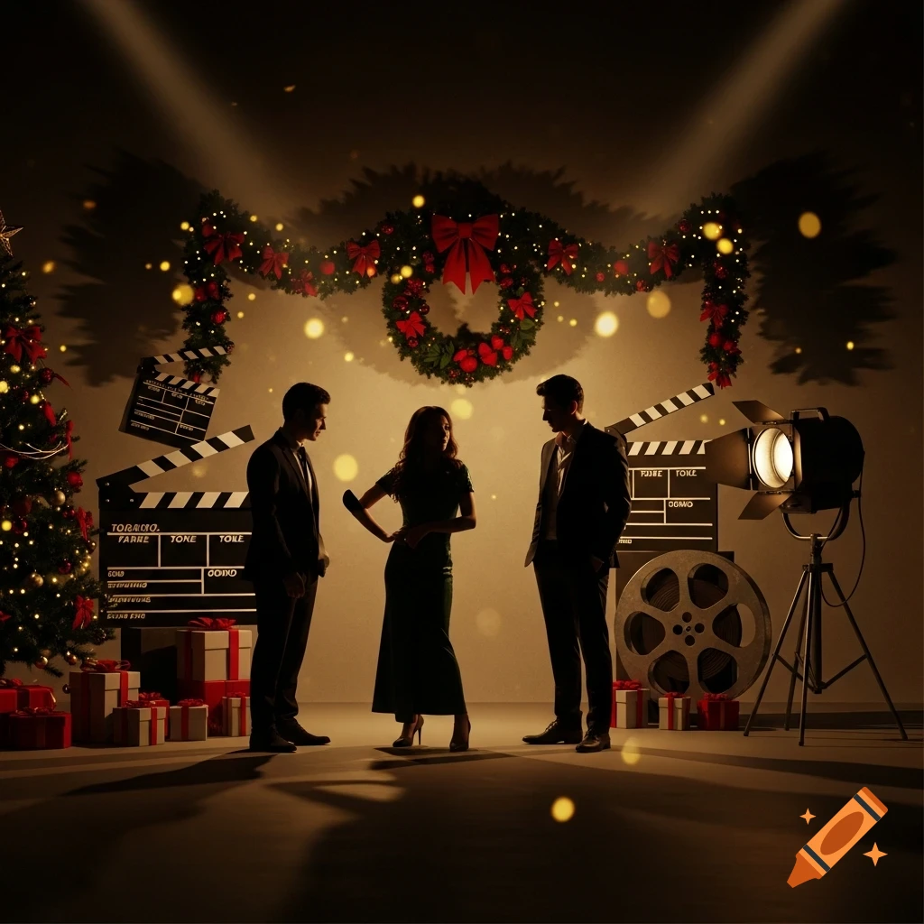 Three people in silhouette stand on a dark stage with cinematic lighting and Christmas decorations, film clapperboards, and a spotlight.