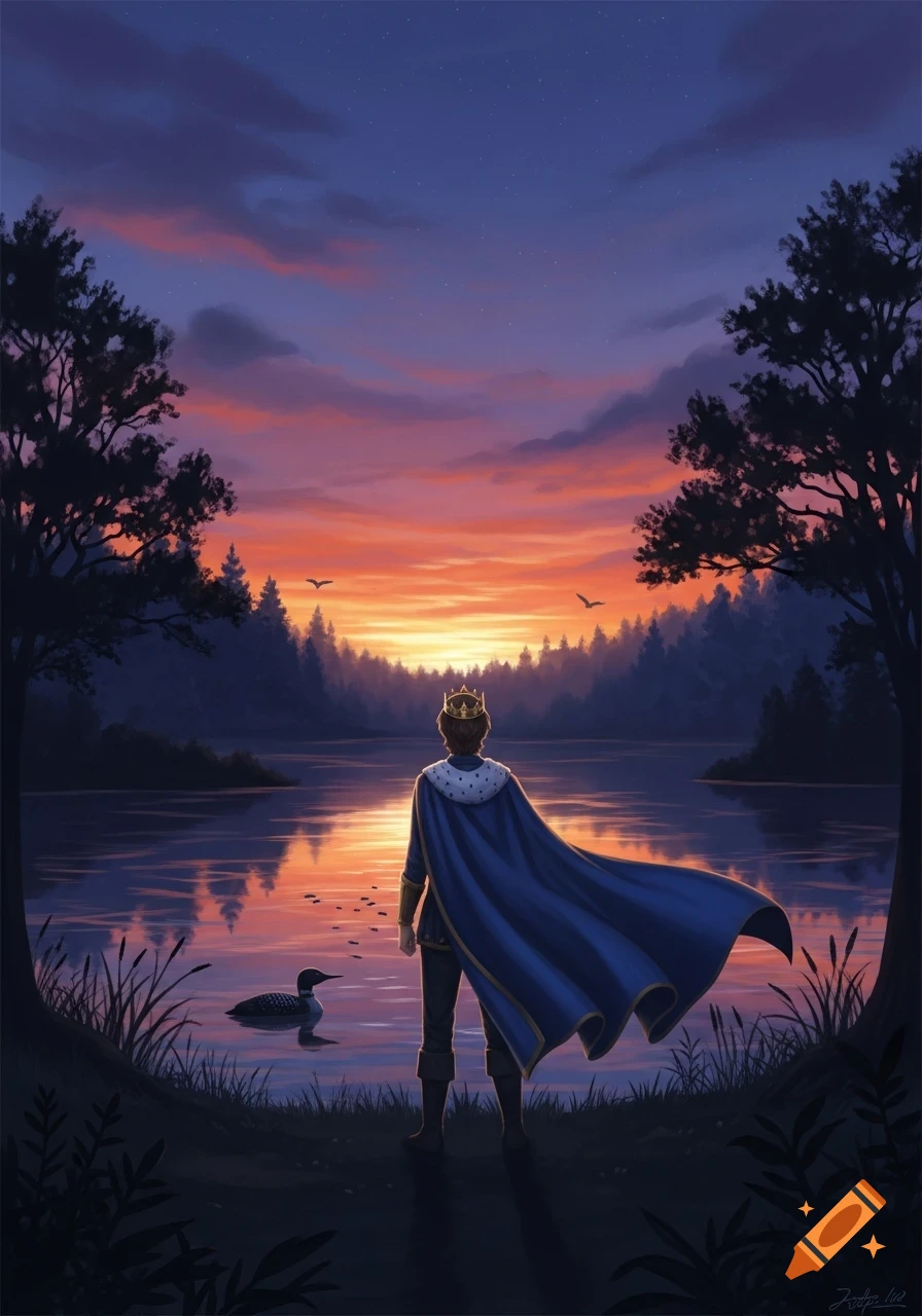 A prince in a blue cape and crown stands by a lake, watching a vibrant sunset over a forest.