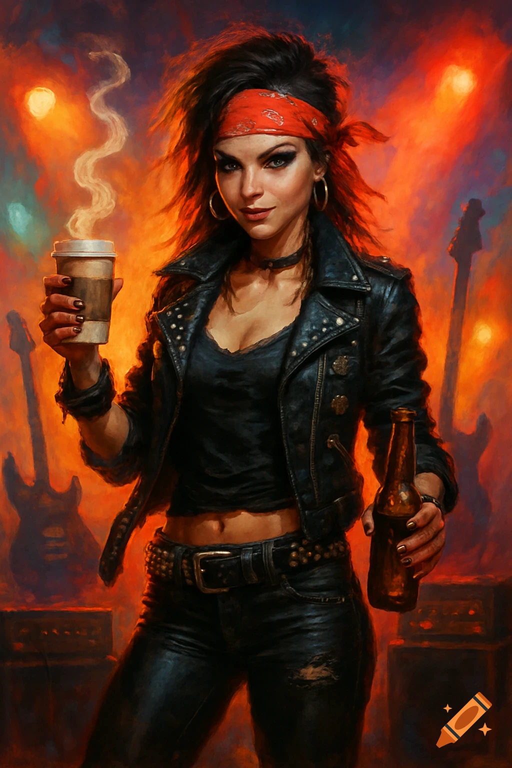 A rocker woman in a leather jacket and red bandana holds a steaming coffee cup and a beer bottle, with blurred guitars in a warm-toned, painterly background.