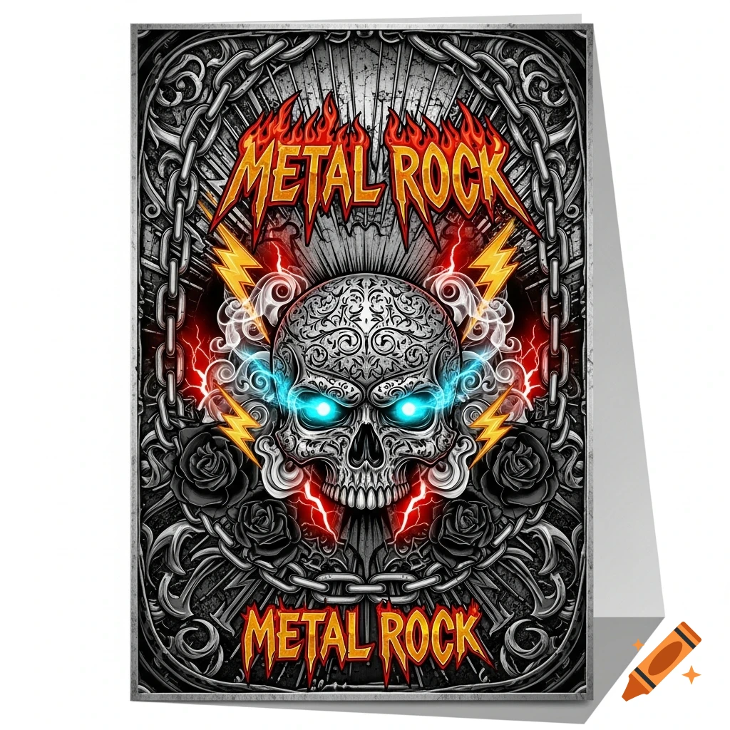A detailed metal rock style illustration of a skull with blue glowing eyes, surrounded by chains, lightning, roses, and 'METAL ROCK' text.