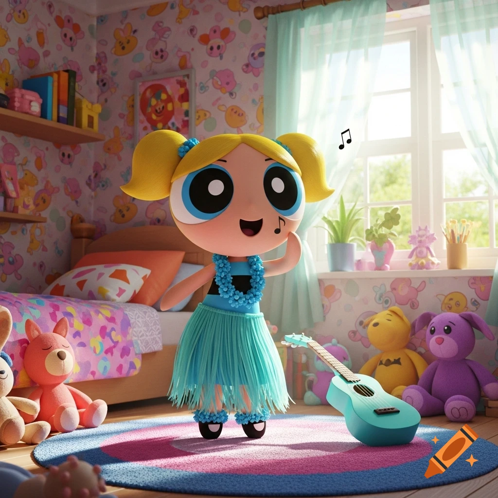 3D render of Powerpuff Girls Bubbles in a blue hula dress, singing in a vibrant, toy-filled bedroom with a ukulele.
