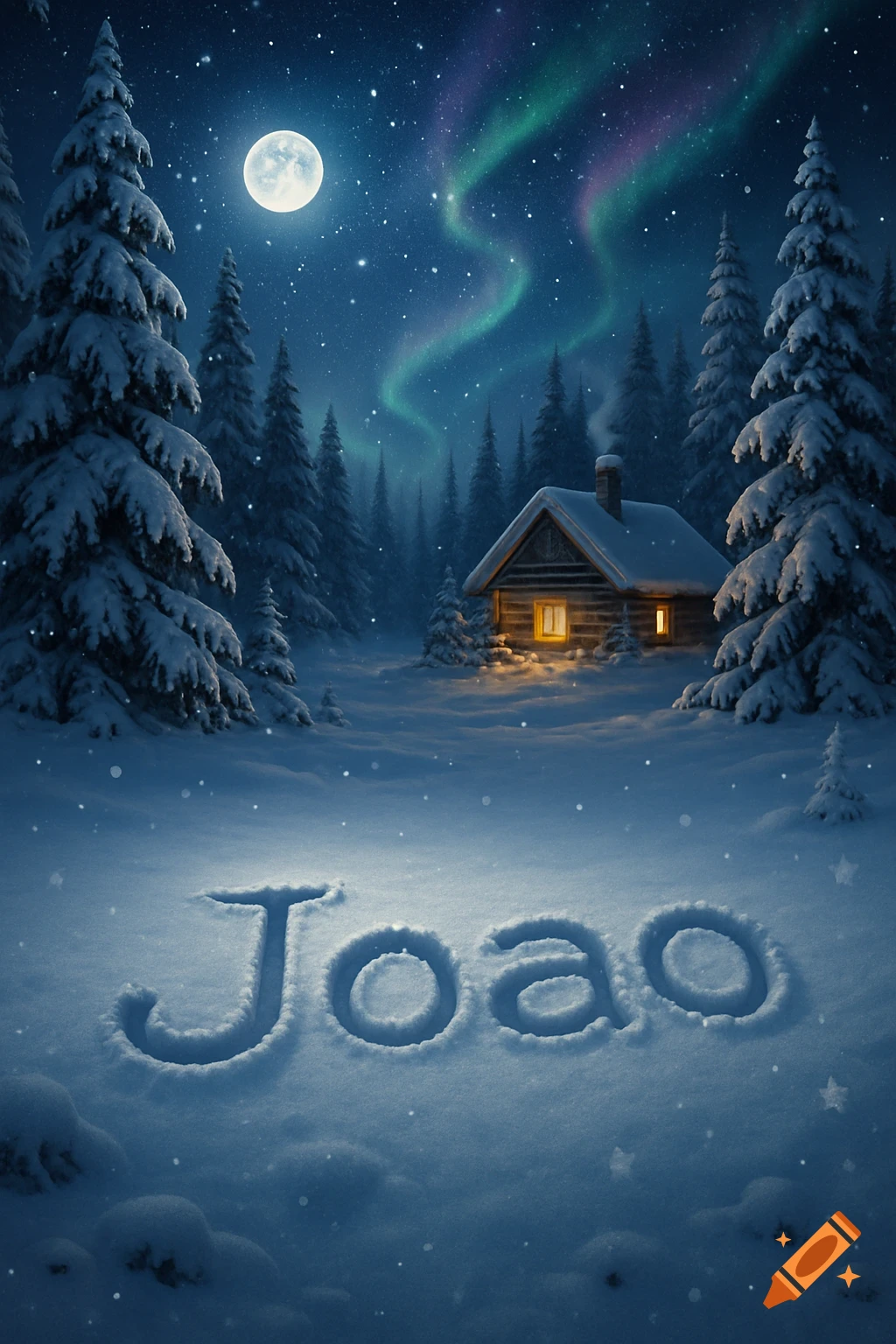 A snowy winter night landscape with a full moon, aurora borealis, a cozy cabin, and 'Joao' written in the snow.