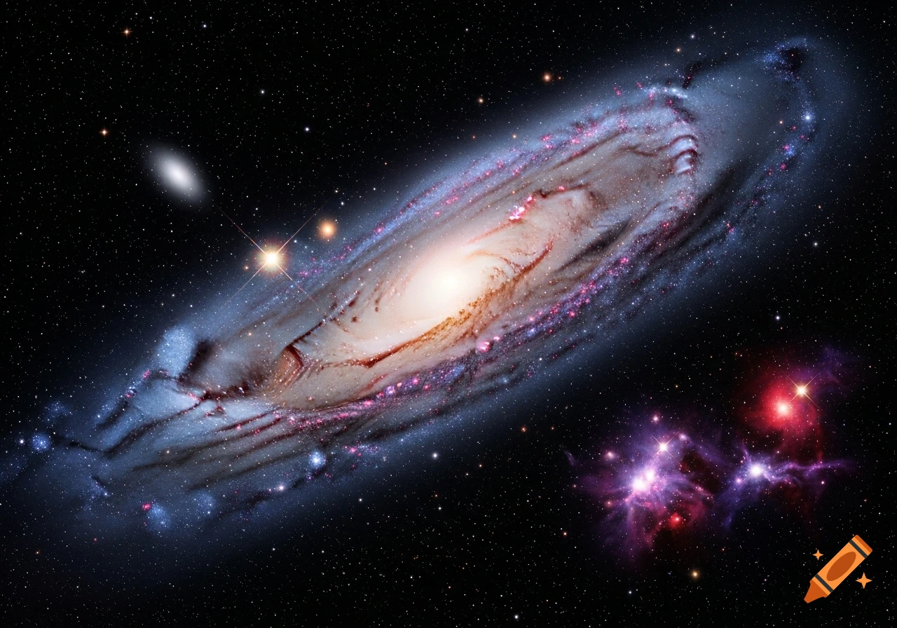 A detailed view of the Andromeda galaxy, featuring a bright central core, distinct spiral arms, and colorful nebulae against a dark, star-filled cosmos.