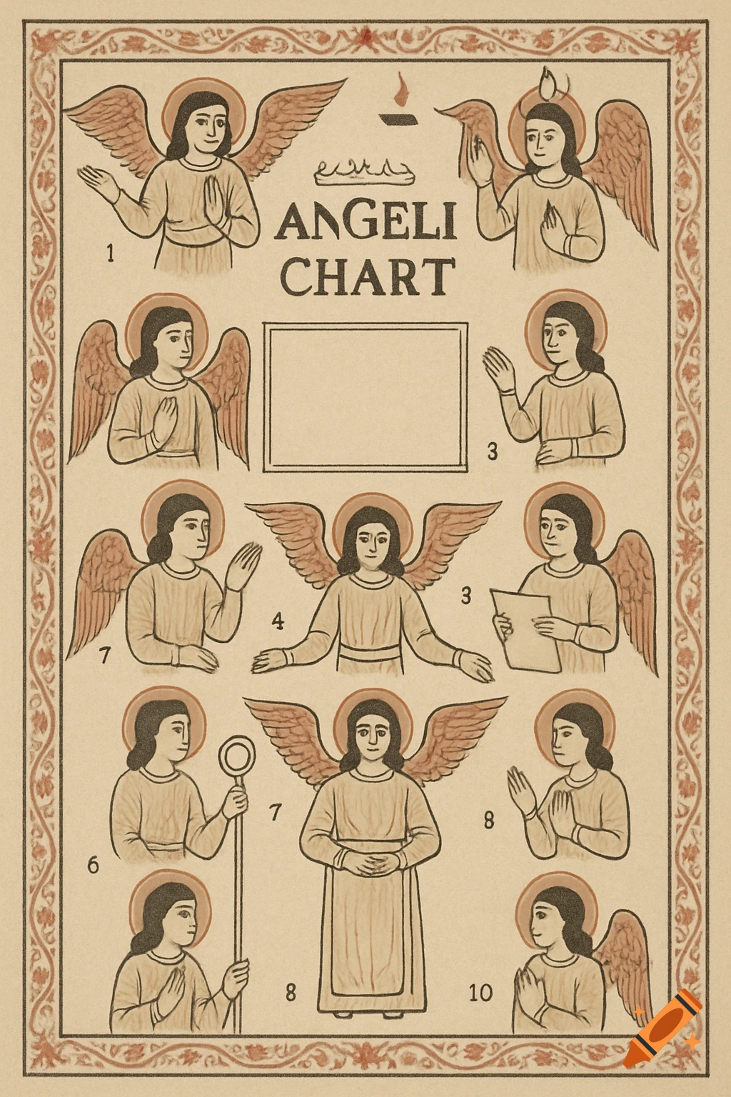 A beige chart depicting 10 stylized angels in a traditional Persian lithograph style, each numbered and performing a different gesture, framed by an ornate border.