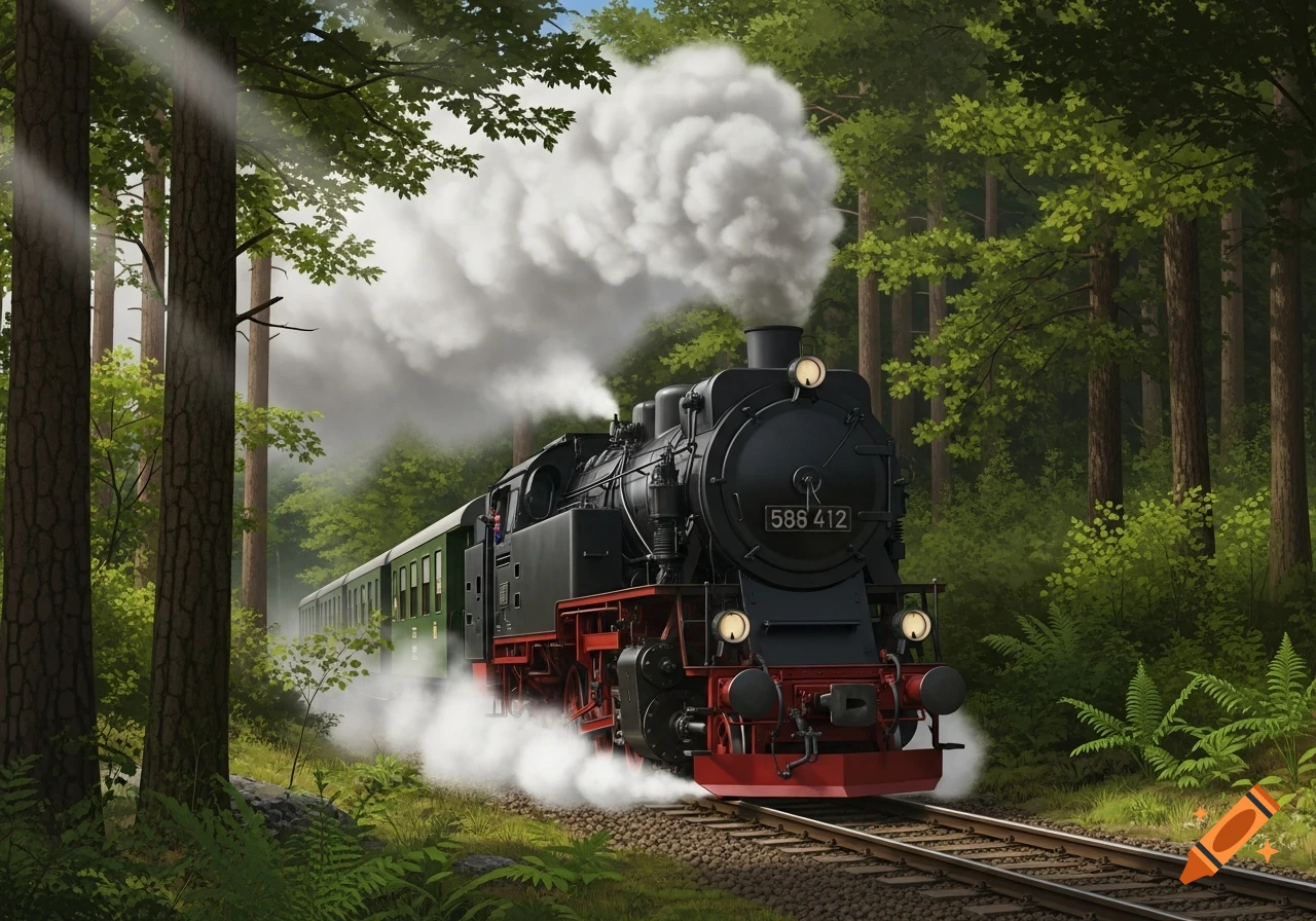 A black and red steam locomotive with green passenger cars travels through a dense, sunlit forest on railway tracks, emitting white smoke.