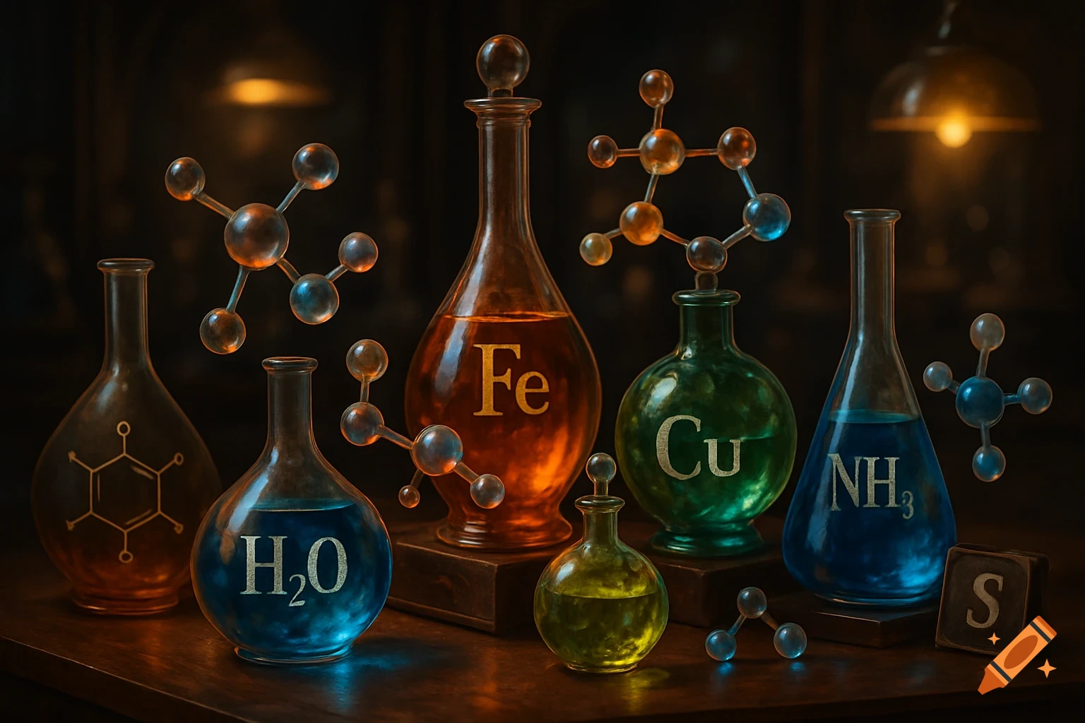 An atmospheric still life of various glass laboratory flasks and beakers containing colorful liquids, labeled with chemical formulas like H2O, Fe, Cu, and NH3, with molecular models floating around.