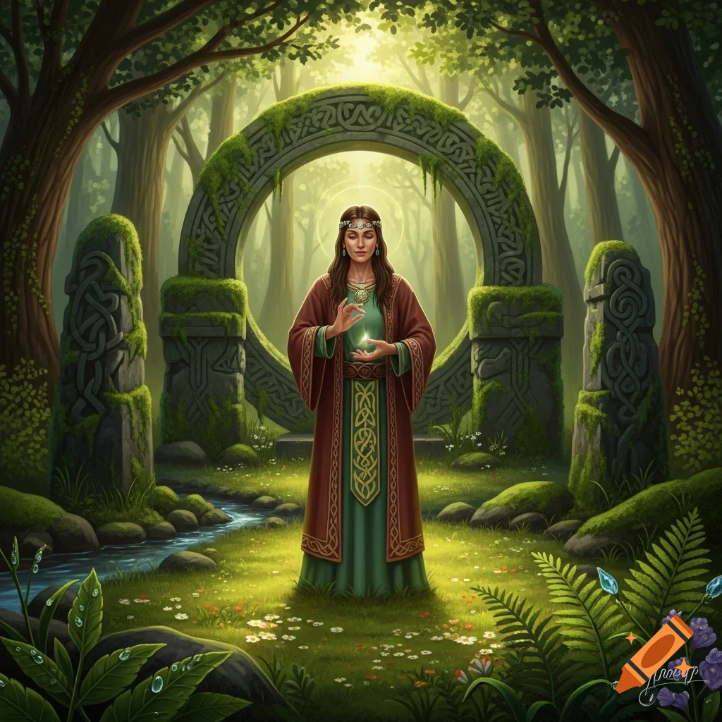 A woman in a long dress stands in a mystical forest with Celtic stone structures, holding a glowing orb, with sunlight filtering through trees.