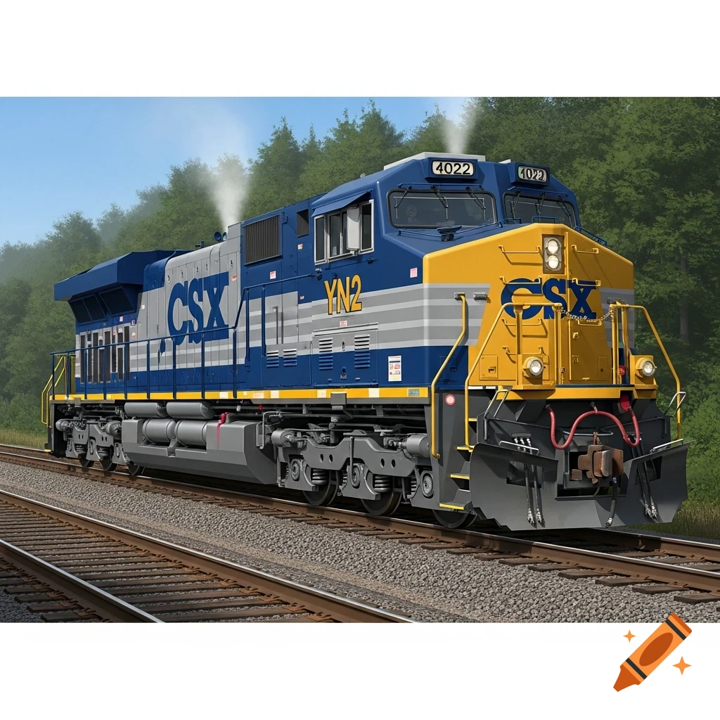 A blue and yellow CSX freight locomotive with 'YN2' on the side and '4022' on the front, traveling on tracks through a forested area.