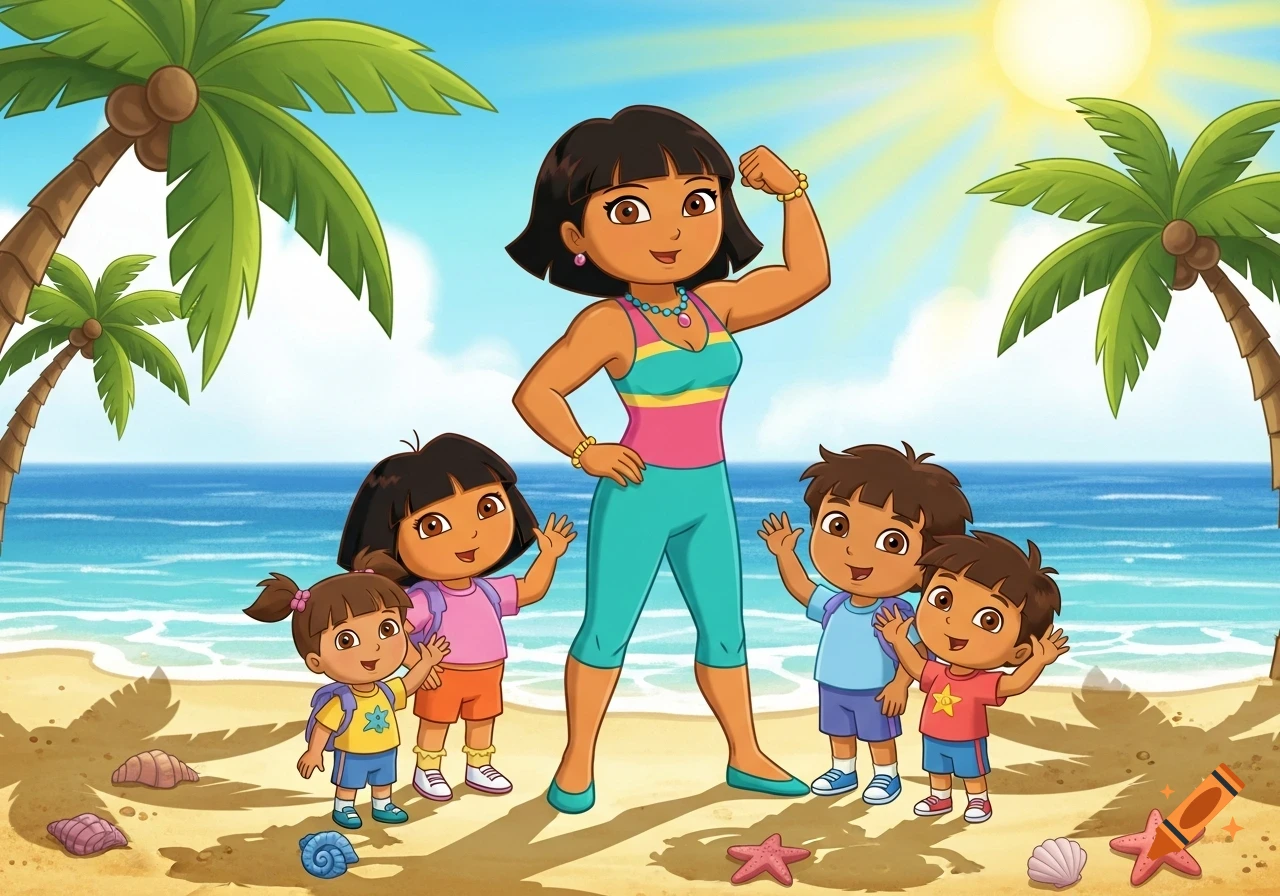 Dora's Mami flexes her bicep on a sunny beach with Dora and two other children waving, in a cartoon style.