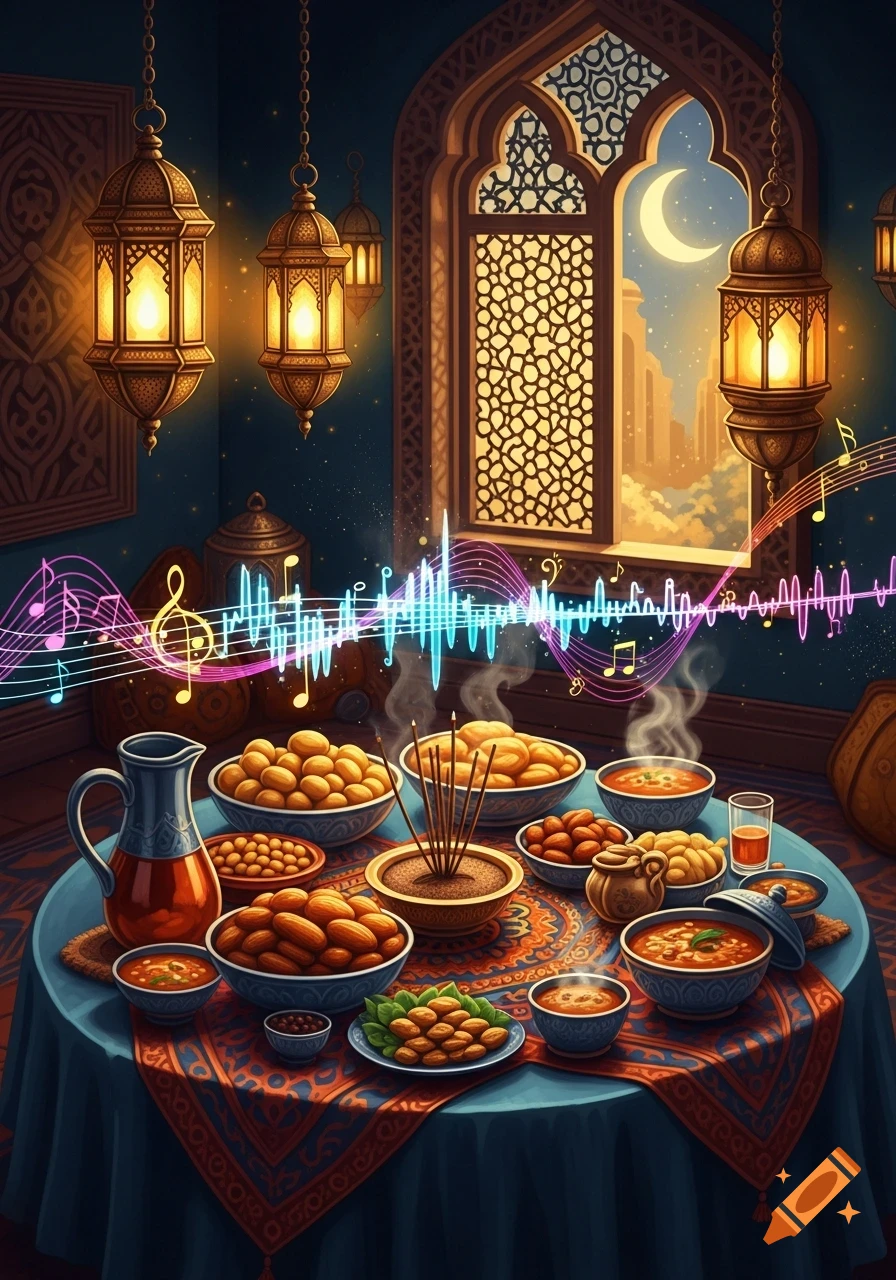 A table laden with various traditional dishes, nuts, and drinks under hanging ornate lanterns, with a crescent moon seen through an arched window, and stylized musical notes.
