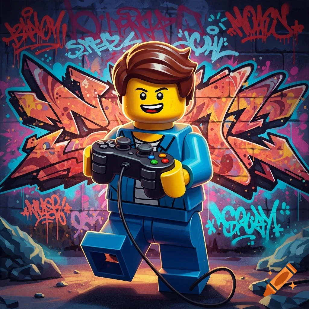 A smiling Lego figure in blue holds a game controller, standing against a vibrant, graffiti-covered brick wall.