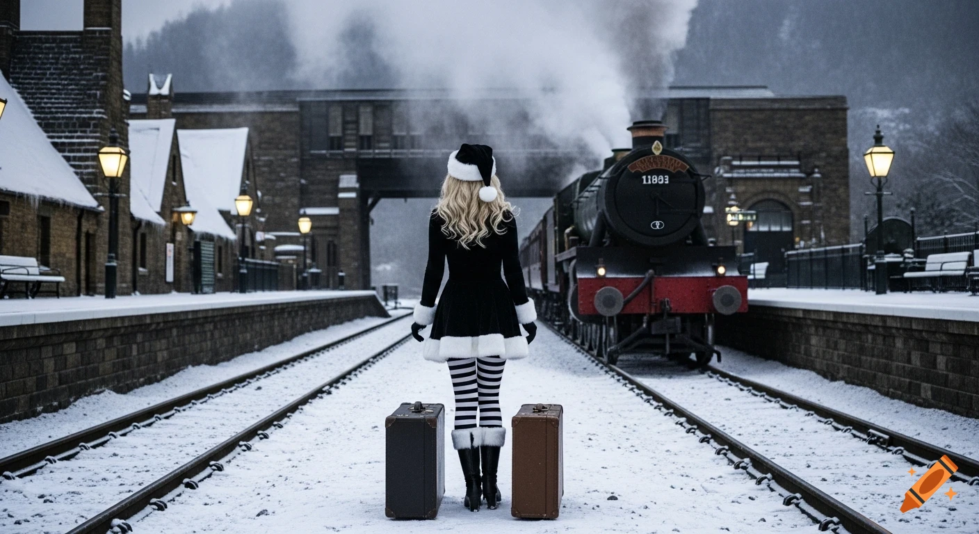 A woman in a black Santa outfit and striped leggings stands between snowy train tracks with suitcases, facing a steam train at a winter station.