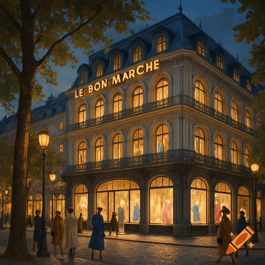 A grand, illuminated department store building, 'LE BON MARCHE', at night, with people walking on the cobblestone street.