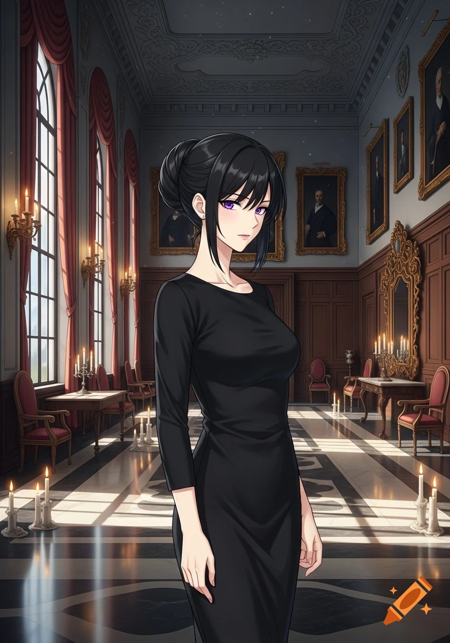 An anime woman with black hair in a bun, wearing a black dress, and having purple eyes, stands in an elegant mansion room.