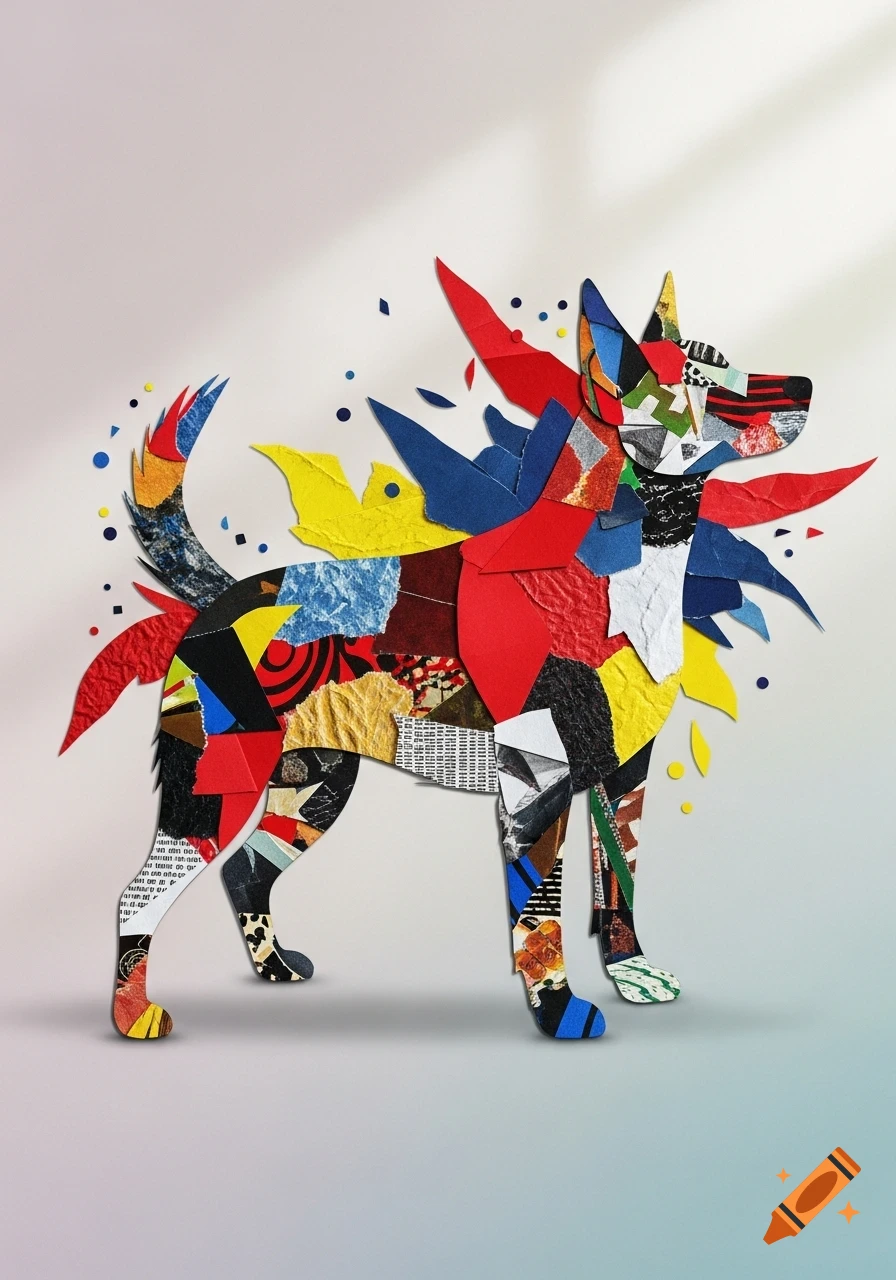 A colorful dog collage created from various textured paper scraps, standing against a light, subtly lit background.