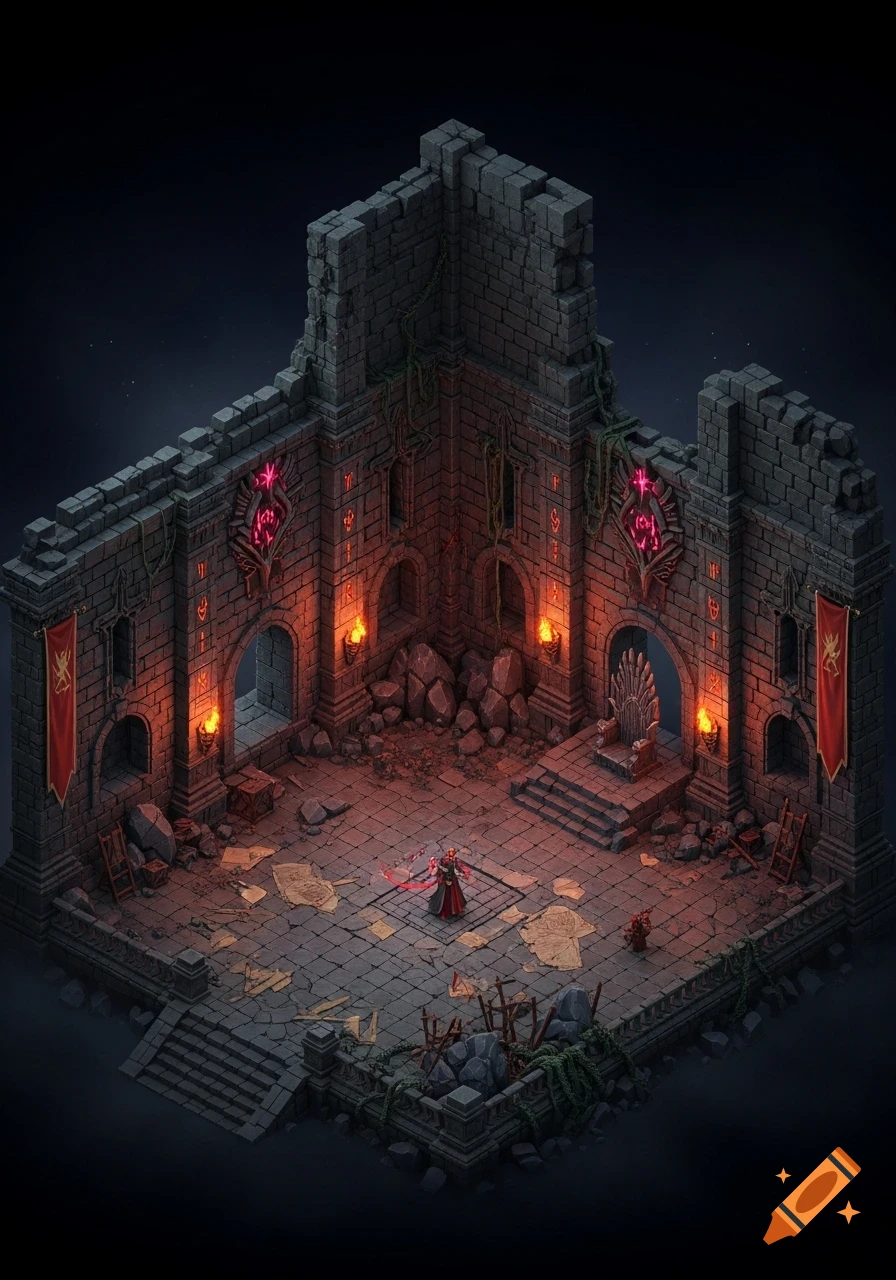 An isometric view of a dark, ruined castle chamber, lit by torches and glowing red runes, with a robed figure standing in the center.