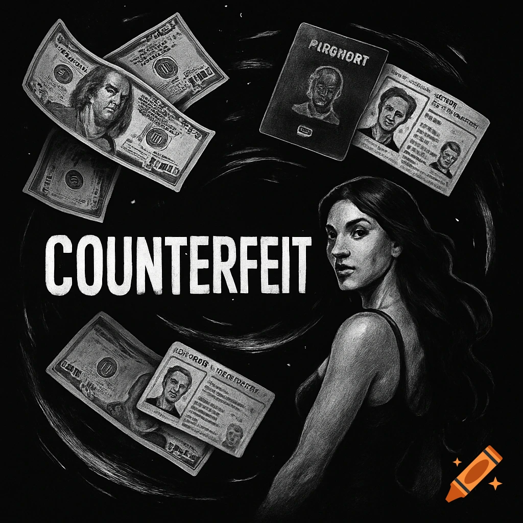 Black and white illustration of a woman looking over her shoulder, surrounded by floating counterfeit money, passports, and driver's licenses, with the word 'COUNTERFEIT' in the center.