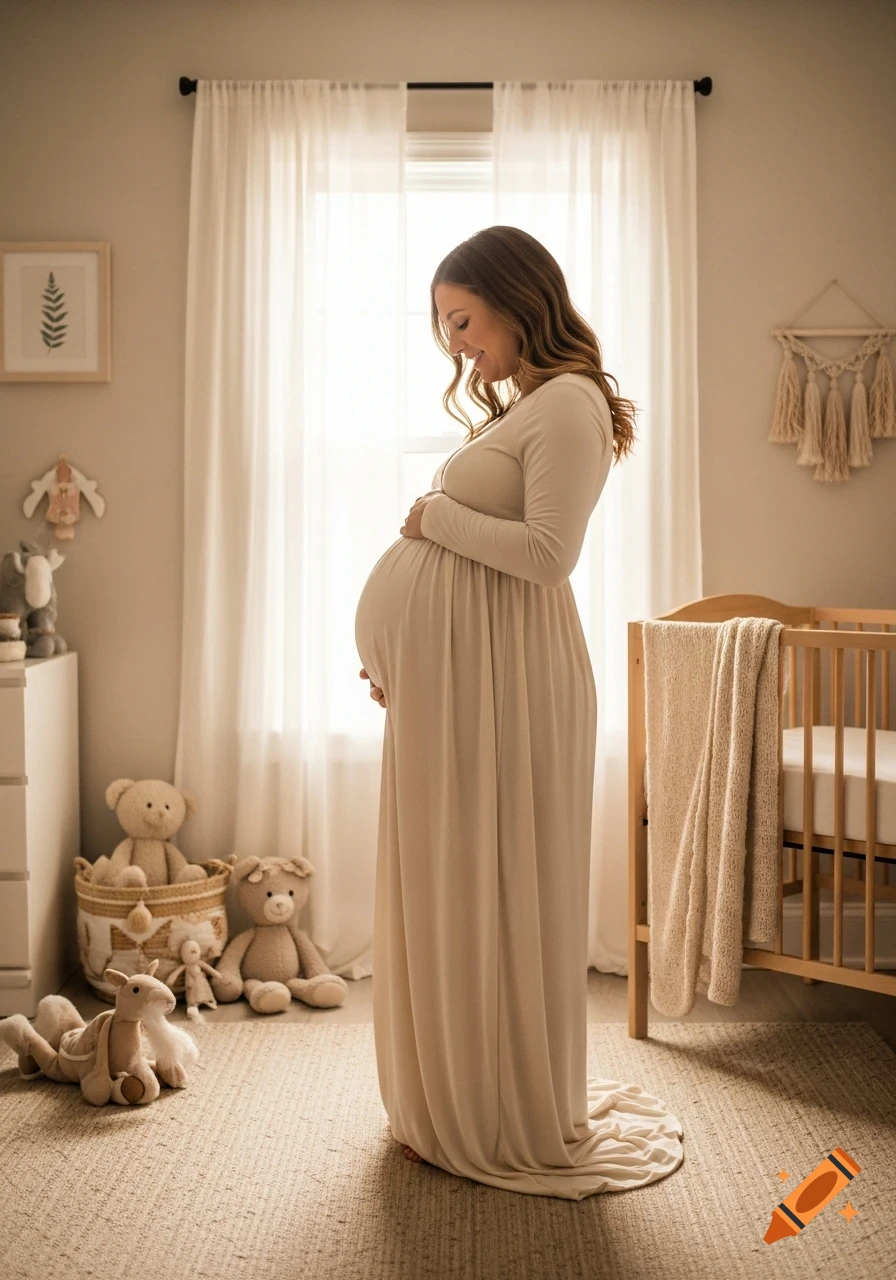 A smiling pregnant woman in a long beige dress stands in a baby's nursery, cradling her belly.