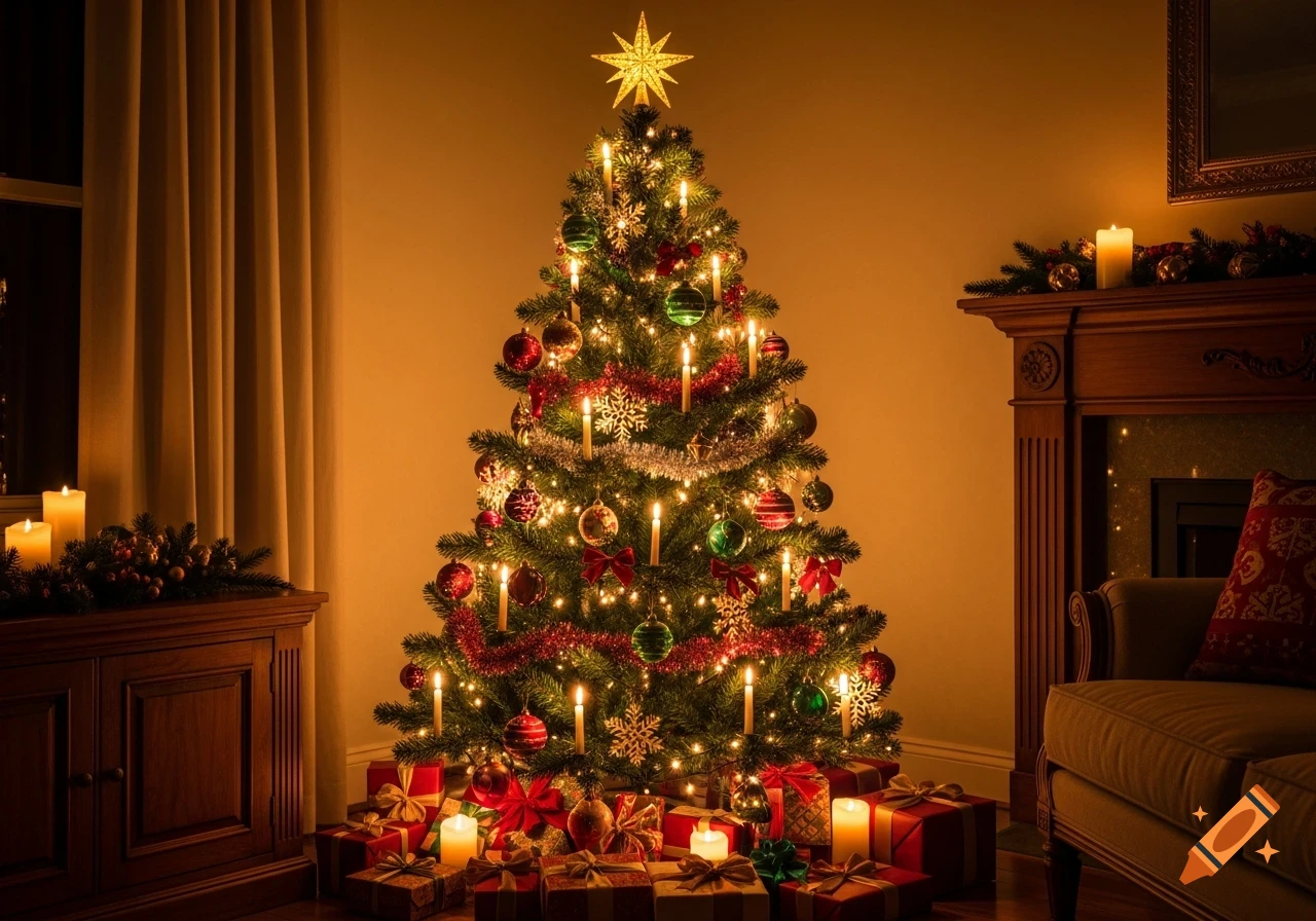 Photorealistic Christmas tree with lit candles, ornaments, and gifts in a cozy living room.