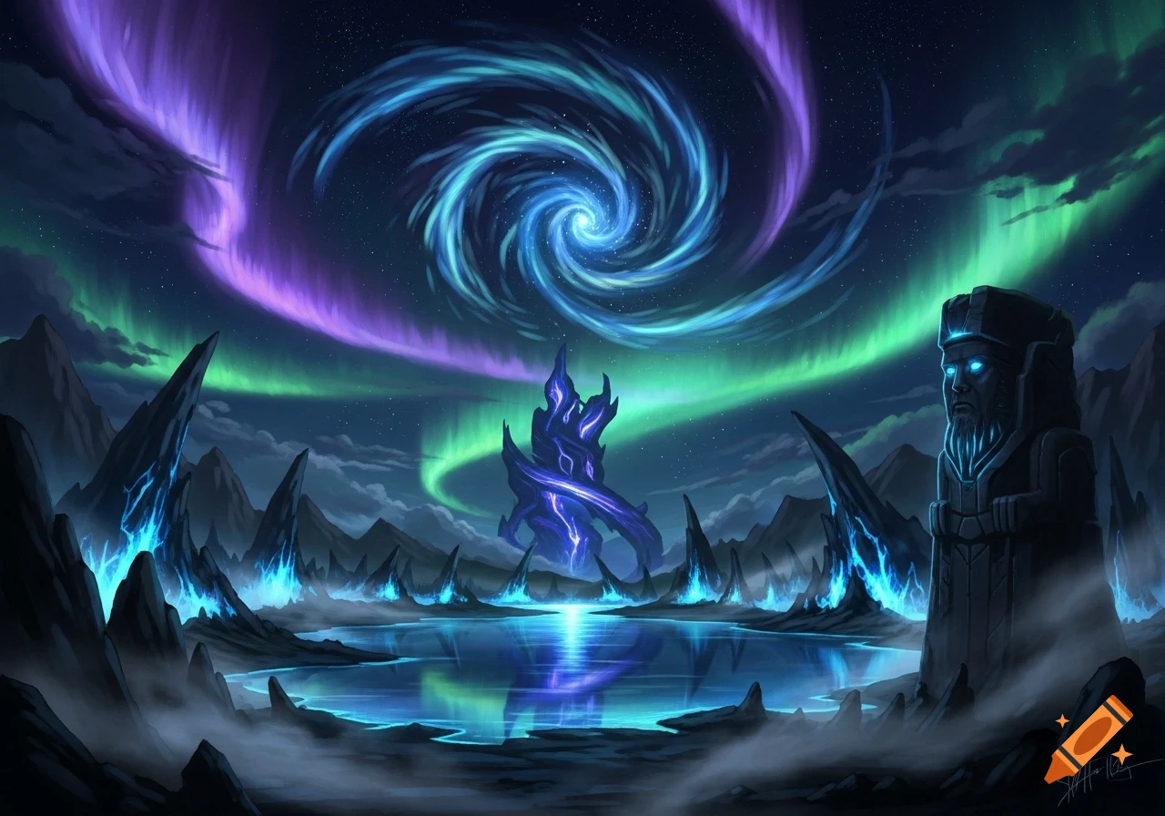 A vibrant fantasy landscape at night with purple and green aurora, a glowing blue spiral vortex in the sky, a reflective lake, and glowing rock formations.