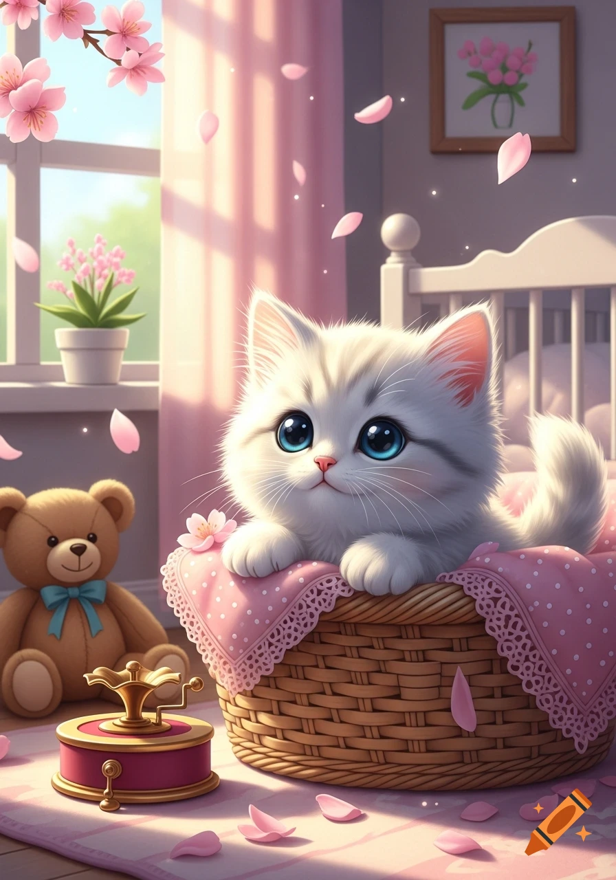 A fluffy white kitten with big blue eyes peeks from a pink blanket-lined basket in a sunlit, pink-themed room with a teddy bear and falling cherry blossoms.
